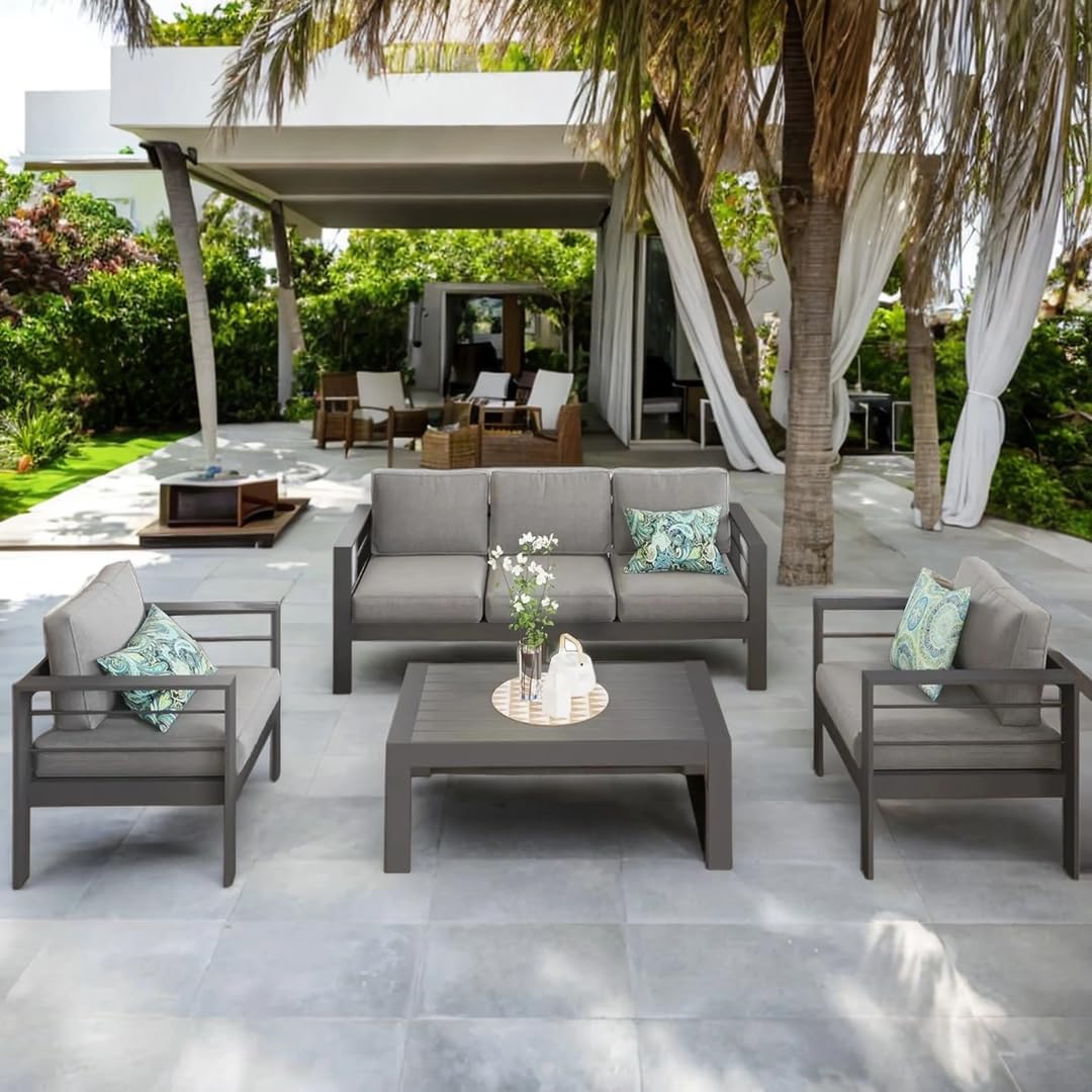 Solaste Aluminum Patio Furniture Set, 5 Seats Modern Outdoor Conversation Set Sectional Sofa with Upgrade Cushion and Coffee Table,Grey - Image 7