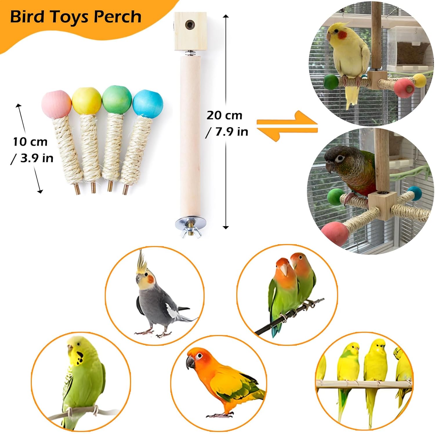Bird Stand Perch Toy, Interactive Spinning Parakeet Toys, Wooden Exercise Wheel Parrot Toys, Enrichment Cockatiel Toys for Bird Cage, Bird Cage Accessories Perch Toy for Budgies Lovebirds (4 Perches) - Image 6