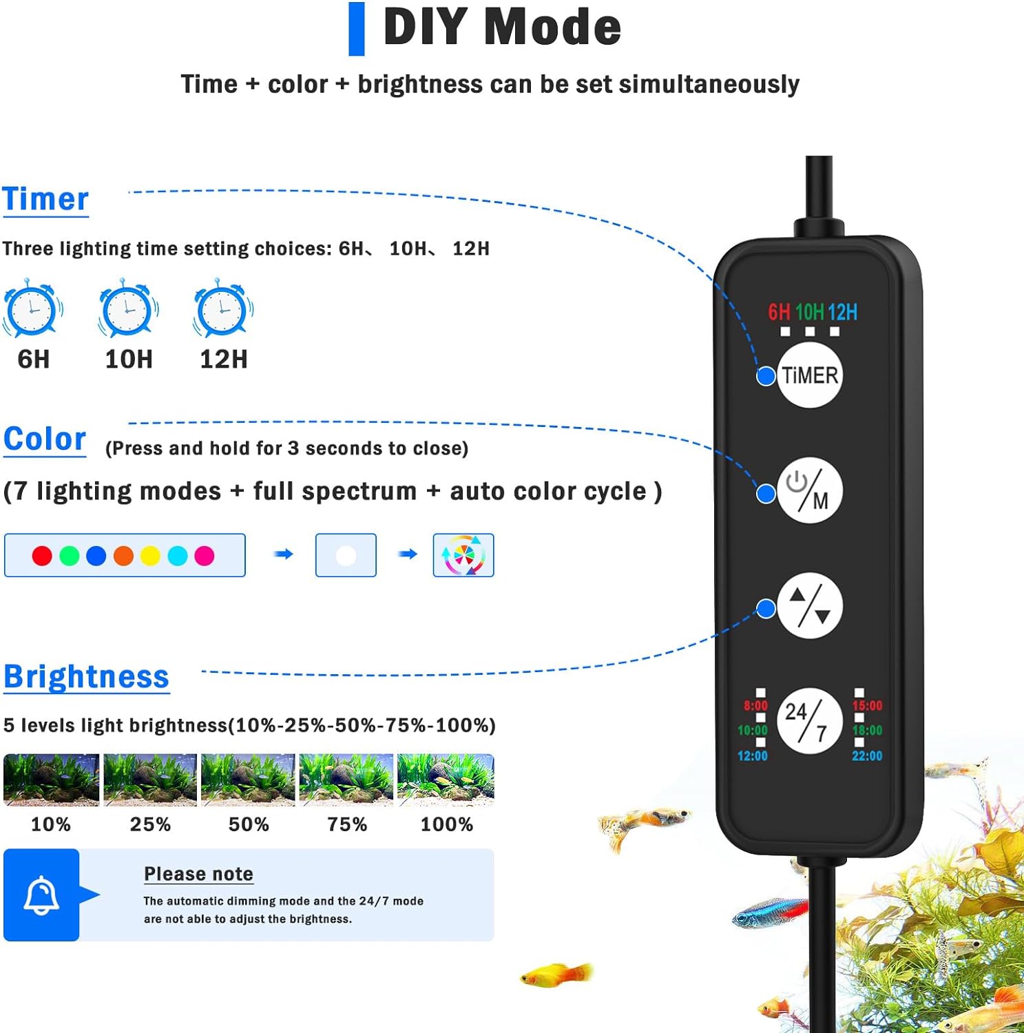 AQQA LED Aquarium Light, 24/7 Mode Clip on Fish Tank Light with Memory Function, DIY Mode Full Spectrum Aquarium Plant Light, Adjustable Timer/Brightness, IP68 Waterproof for 11-16 in Fish Tank 11W - Image 2