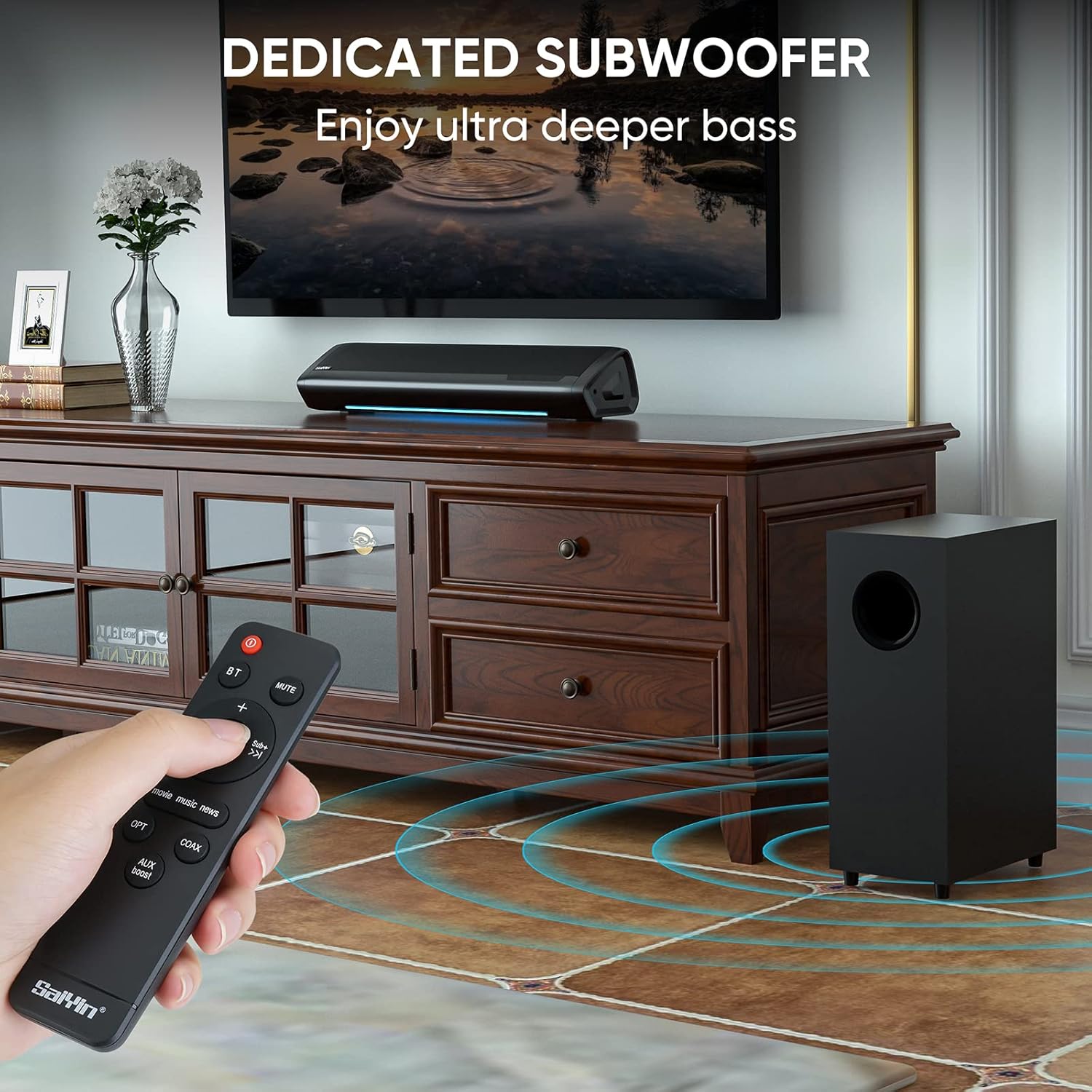 Saiyin Sound Bars for TV with Subwoofer, 2.1 Deep Bass Small Soundbar Monitor Speaker Home Theater Surround System PC Gaming Bluetooth/AUX/Optical Connection, Wall Mountable 17-inch - Image 3