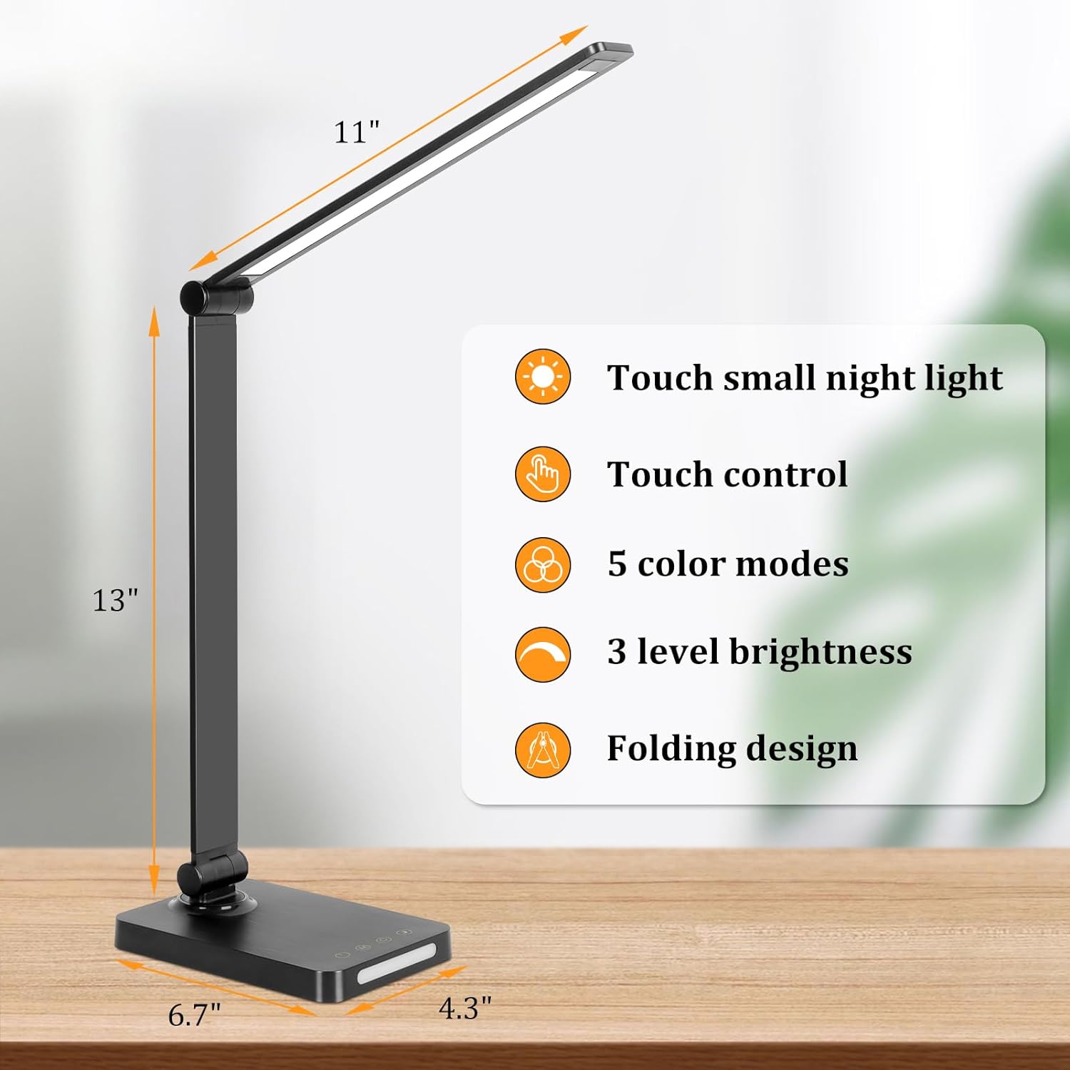 LED Desk Lamp with USB Ports,Touch Desk Lamps for Home Office with 5 Color Modes,3 Brightness Desk Light with Small Night Light,Reading Lamp Table Lamp for Bedroom Bedside Study Black (with adapter) - Image 4