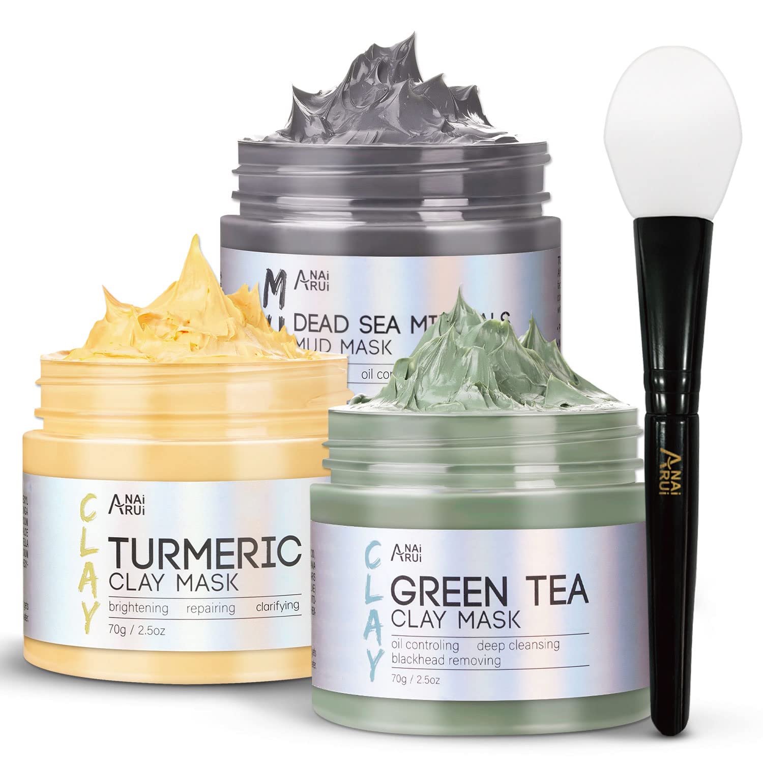 ANAI RUI Turmeric Clay Mask - Green Tea Clay Mask - Dead Sea Minerals Mud Mask, Spa Facial Mask Set, Face Mask Gift Set 2.5 oz each - Image 2