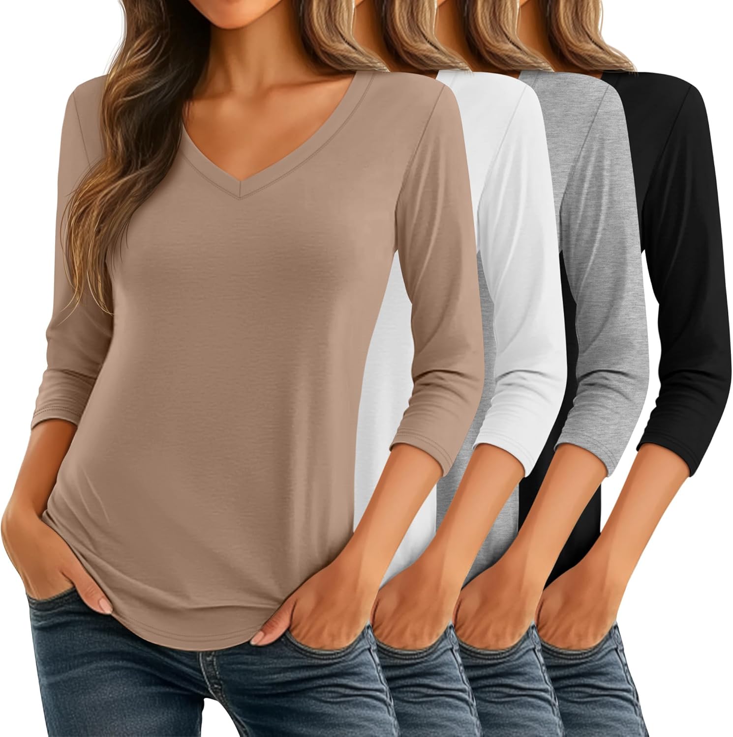 Ficerd 4 Pack Women's 3/4 Sleeve T Shirts, V Neck Casual Tunic Tops Loose Fit Cotton Shirts Solid Color Summer Tees - Image 2