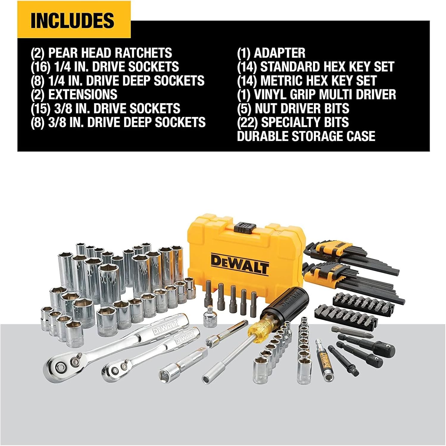 DEWALT Mechanics Tools Kit and Socket Set, 1/4" & 3/8" Drive, SAE, 108-Piece (DWMT73801) - Image 3
