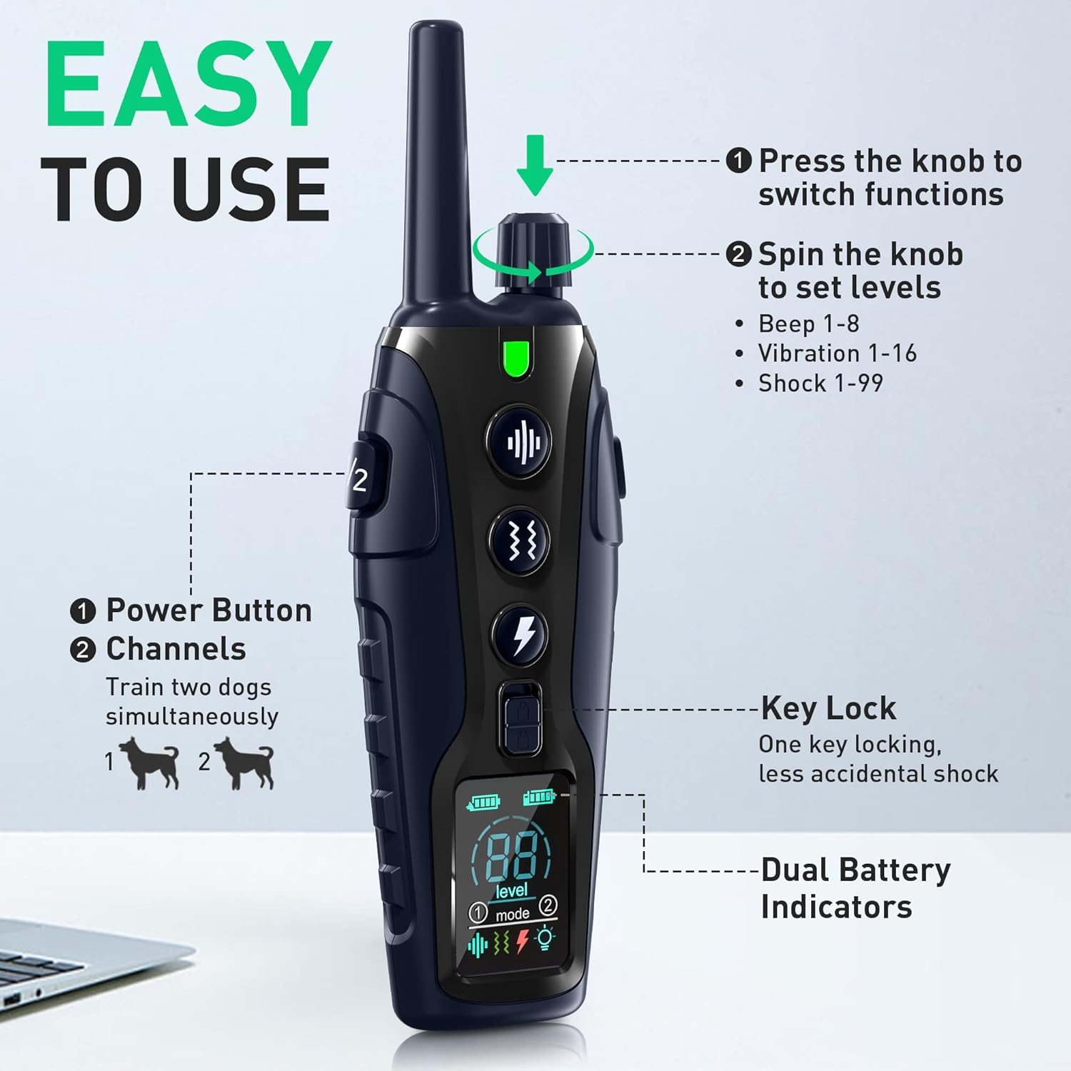 Dog Shock Collar - 4000FT Dog Training Collar with Remote Waterproof e Collar with Flashing Light, Adjustable Pitch Beep(1-8), Vibration(1-16), Safe Shock(1-99), and Keypad Lock - Image 5