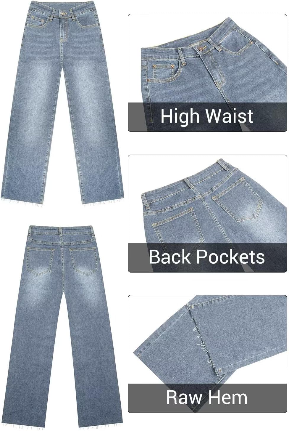 KDF Straight Leg Jeans for Women High Waisted Jeans Frayed Baggy Pants Raw Hem Loose Stretchy Cropped Wide Leg Jeans - Image 7