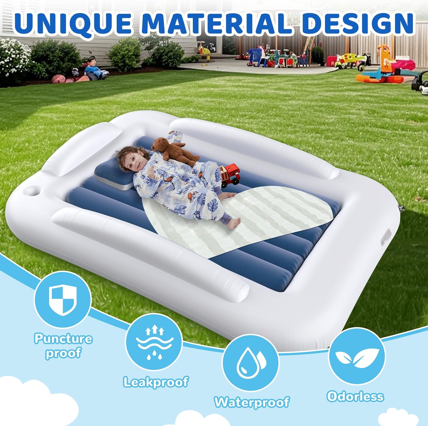 Inflatable Toddler Travel Bed - 60 Inches Portable Toddler Bed for Travel with Safety Sides - Cozy Kids Air Mattress Set with High-Speed Pump & Carry Case - Lightweight & Easy to Inflate -Blue - Image 5