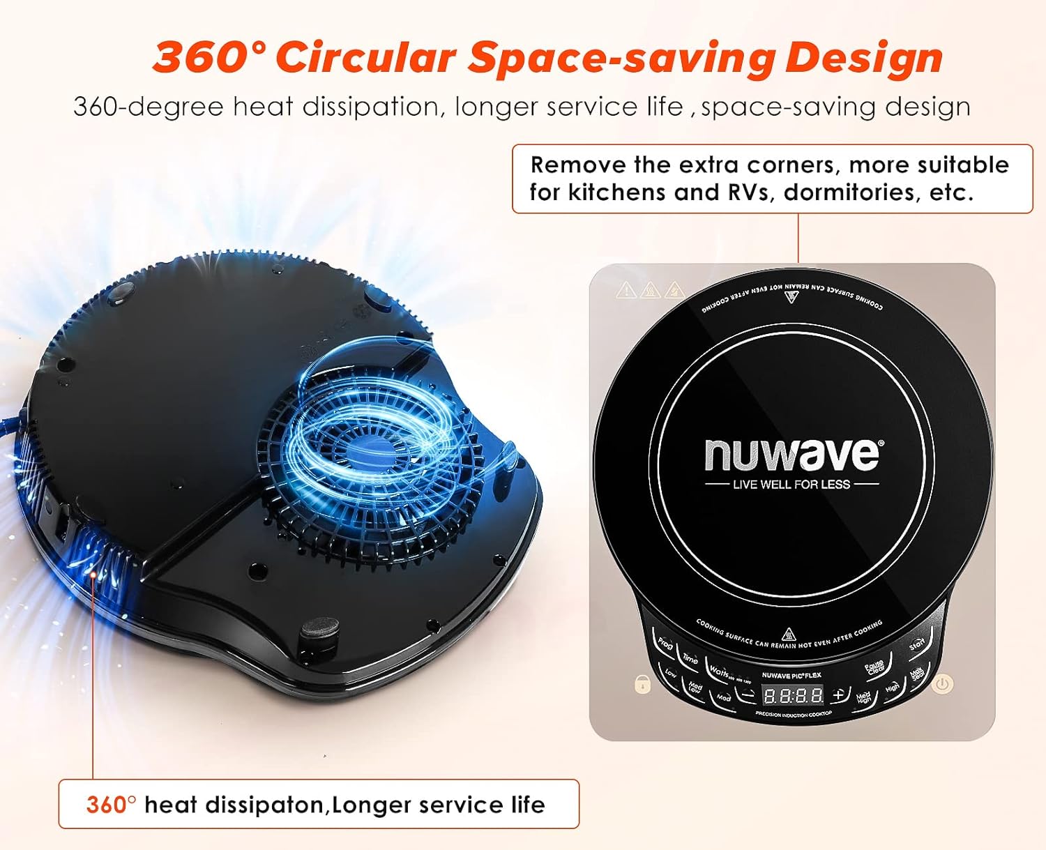 Nuwave Flex Precision Induction Cooktop, 10.25” Shatter-Proof Ceramic Glass, 6.5” Heating Coil, 45 Temps from 100°F to 500°F, 3 Wattage Settings 600, 900 & 1300 Watts, Black - Image 5