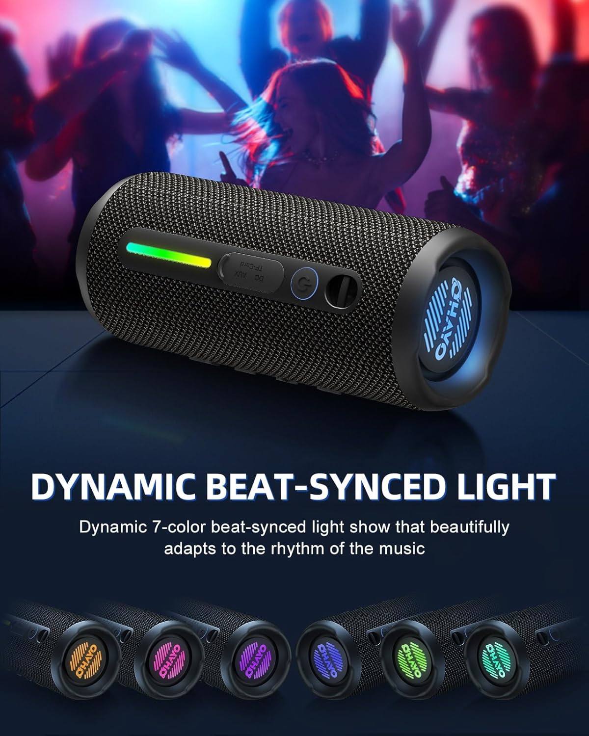 OHAYO Portable Bluetooth Speaker, Wireless Bass Speaker with 24W Loud Sound, IPX7 Waterproof, Bluetooth 5.3, RGB Lights, AUX&TF-Card, Stereo Pairing, Gift Ideas for Home/Outdoor/Party - Image 7
