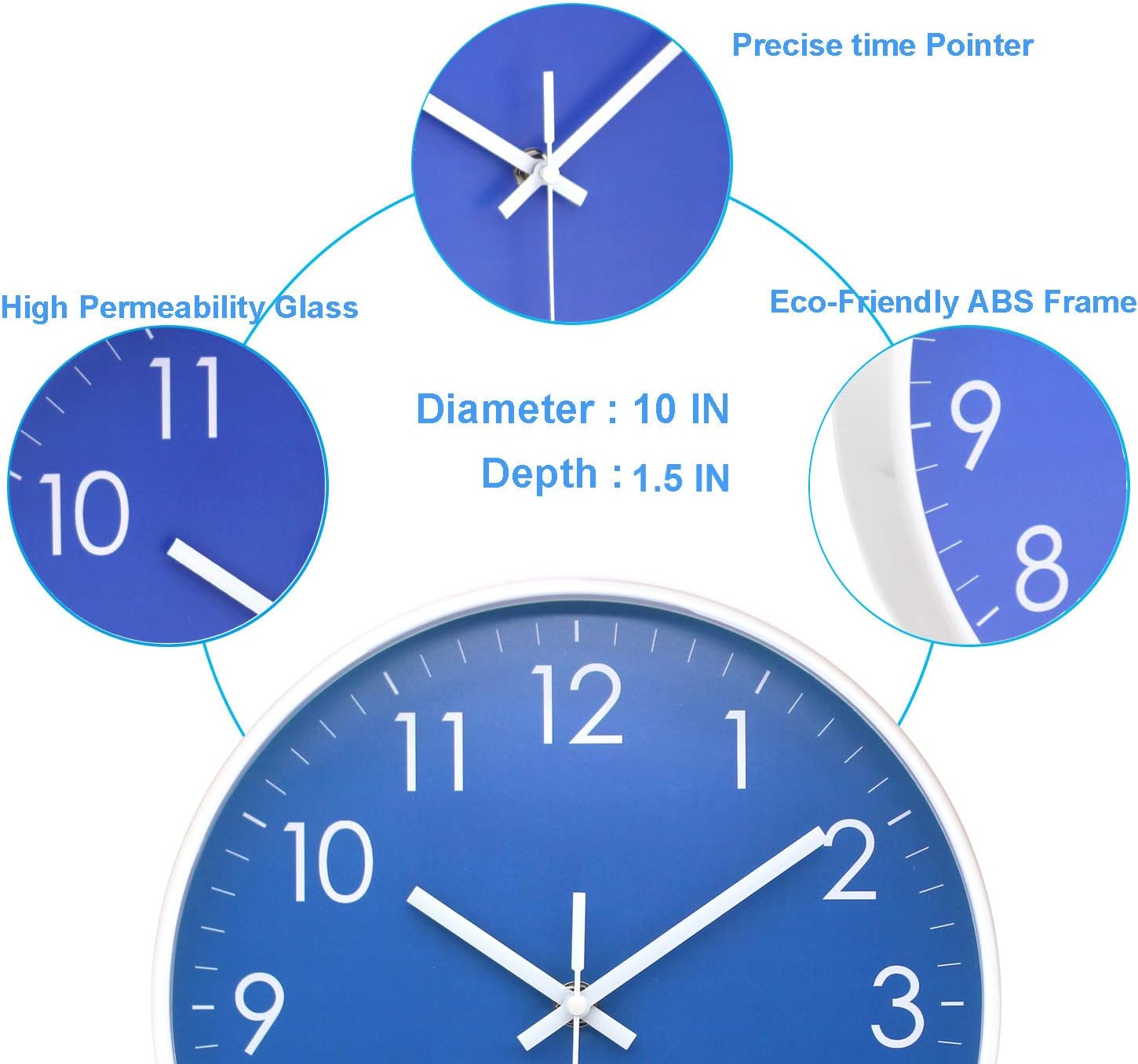 Wall Clock Battery Operated Indoor Non-Ticking Silent Quartz Quiet Sweep Movement Wall Clock for Office, Bathroom, Living Room Decorative 10 Inch Dark Blue - Image 4