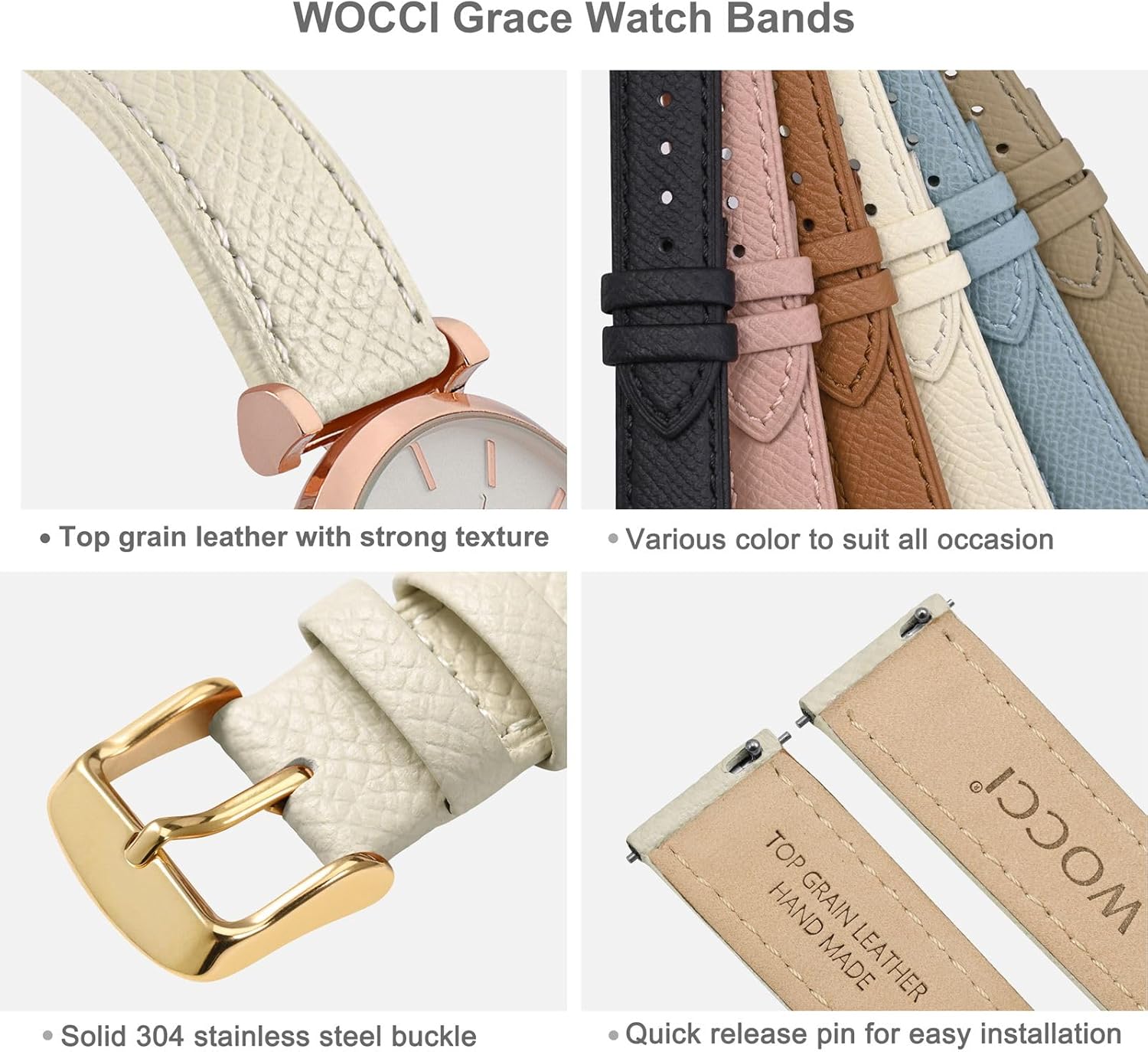 WOCCI 12mm Grace Watch Band for Ladies, Top Grain Leather, Quick Release Replacement Strap with Gold Buckle (Beige) - Image 5