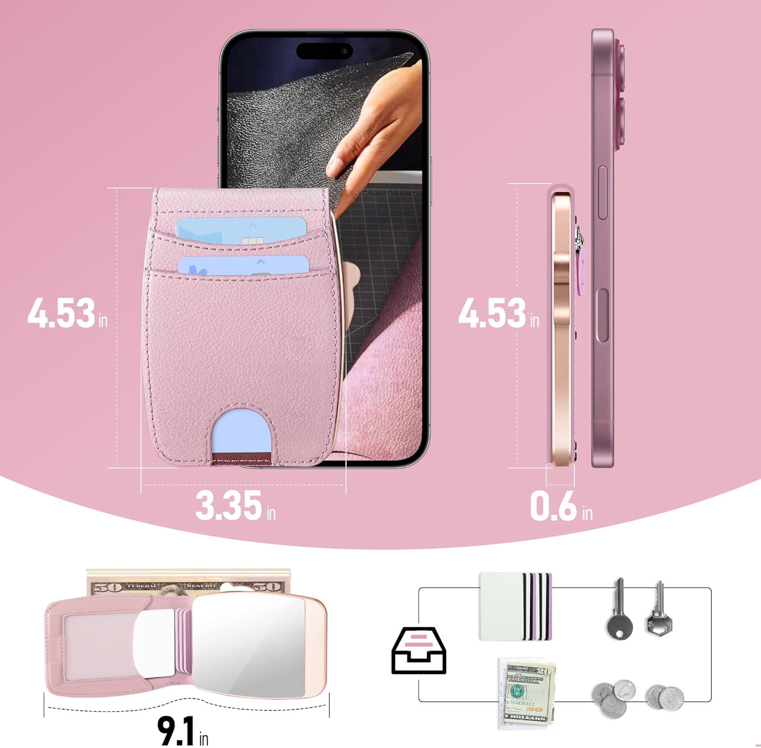 Wallet Women RFID Blocking Wallet with ID Windows, Pop-up Case, Cash Slot, Credit Card Minimalist Wallet with Mirror and Coin Pocket (Pink) - Image 5