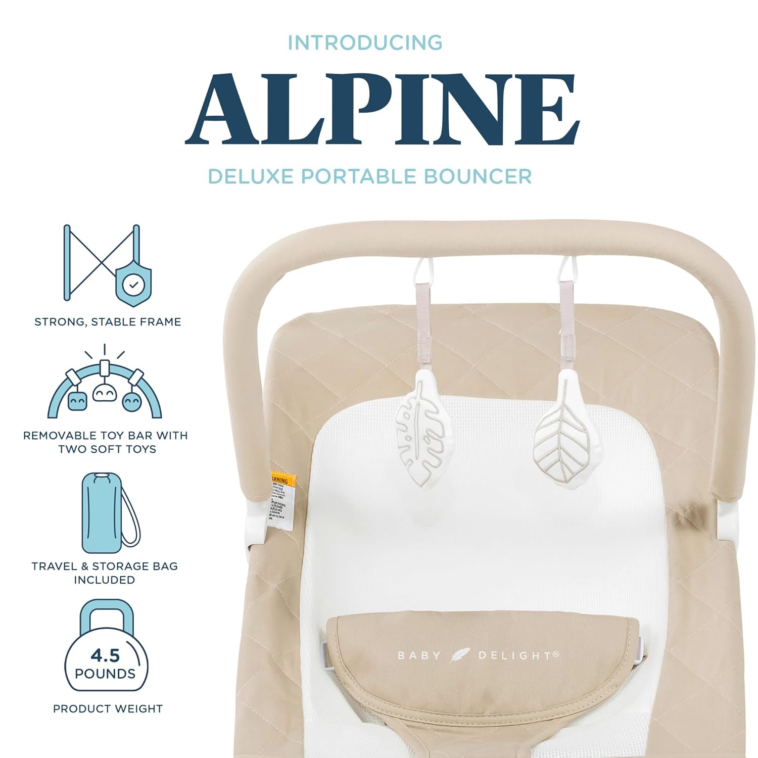 Baby Delight Alpine Deluxe Portable Bouncer, Infant, 0-6 Months, 100% GOTS Certified Cotton Fabrics, Organic Oat - Image 3