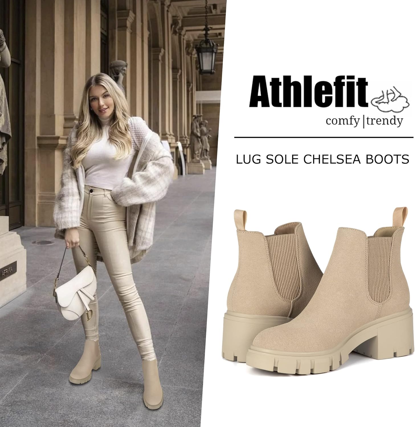 Athlefit Women's Chelsea Boots Fashion Lug Sole Chunky Heel Slip on Elastic Ankle Booties - Image 3
