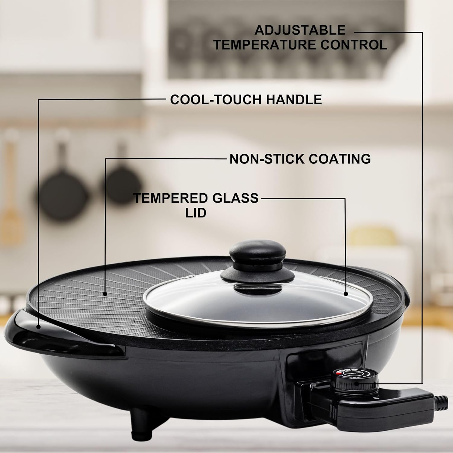 OVENTE Electric Hot Pot and Grill Combo, 2-in-1 Portable Countertop Cooker with Temperature Control Perfect for Korean BBQ, Shabu Shabu and Soup with Free Strainer, Chopsticks and Tong, Black GH10133B - Image 5