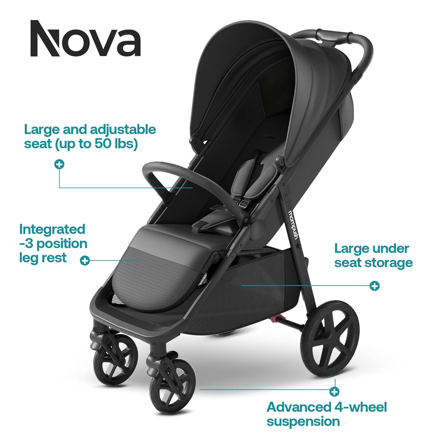 Mompush Nova Baby Stroller, Spacious Seat & Lie-Flat Mode, Infant Stroller with Large UPF 50+ Canopy, Compact Folding with One Hand, Suit for Birth to 50 LB - Image 3