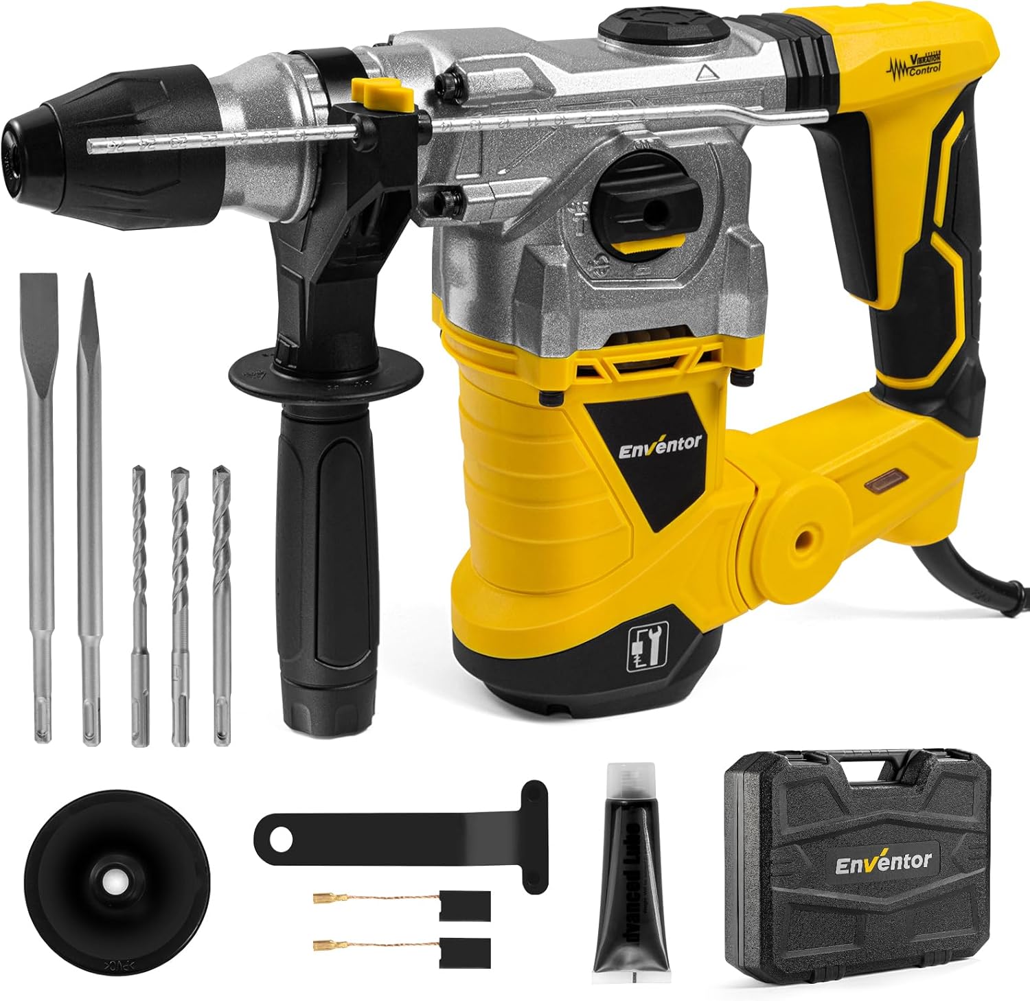 Enventor 1-1/4 Inch SDS-Plus 12.5A Heavy Duty Rotary Hammer Drill for Concrete Stone, Safety Clutch Electric Demolition Hammer Drill with 4 Functions, Vibration Control, Chisels, Drill Bits, Case - Image 2