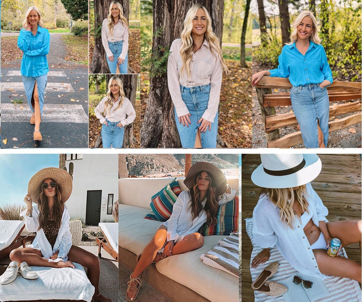 Womens Button Down Shirts Cotton Dress Shirt Long Sleeve Oversized Boyfriend Solid Tunic Tops with Pockets - Image 5