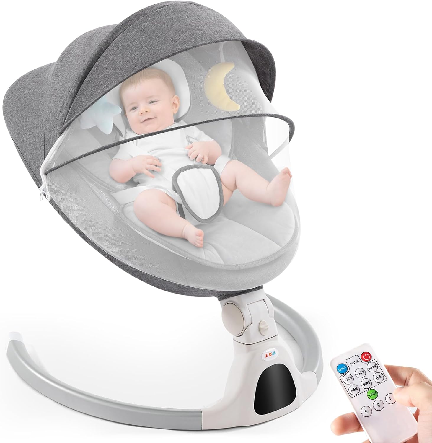 Jaoul Baby Swing for Infants - Electric Portable Newborn Bouncer With Bluetooth Touch Screen/Remote Control, Timing Function, 5 Speeds, 3 Seat Positions for Boys and Girls (Gray) - Image 2