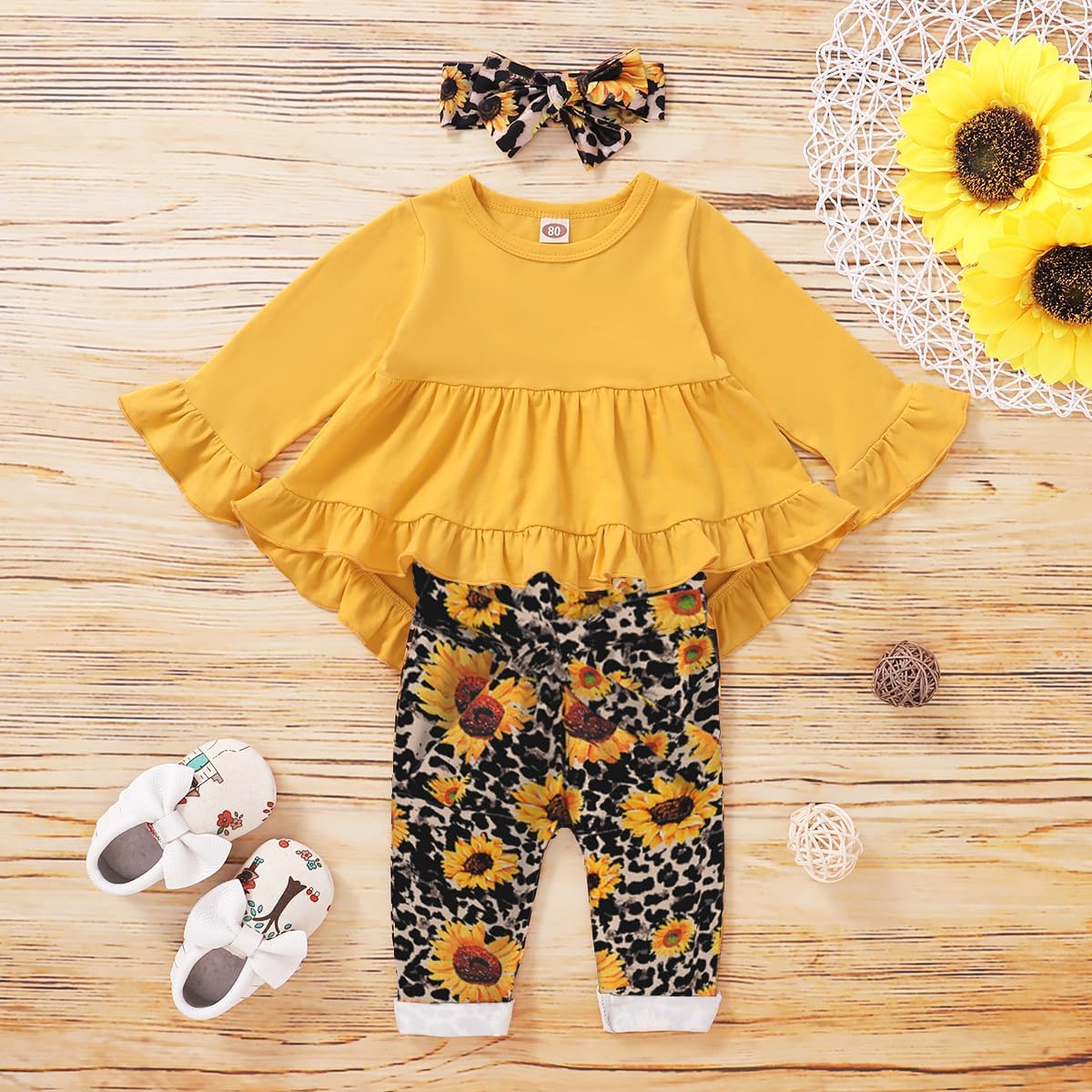 Kucnuzki Baby Girl Clothes Toddler Girl Outfit Ruffle Sleeve Shirt Floral Pant Set Fall Winter Clothing for Girl - Image 4