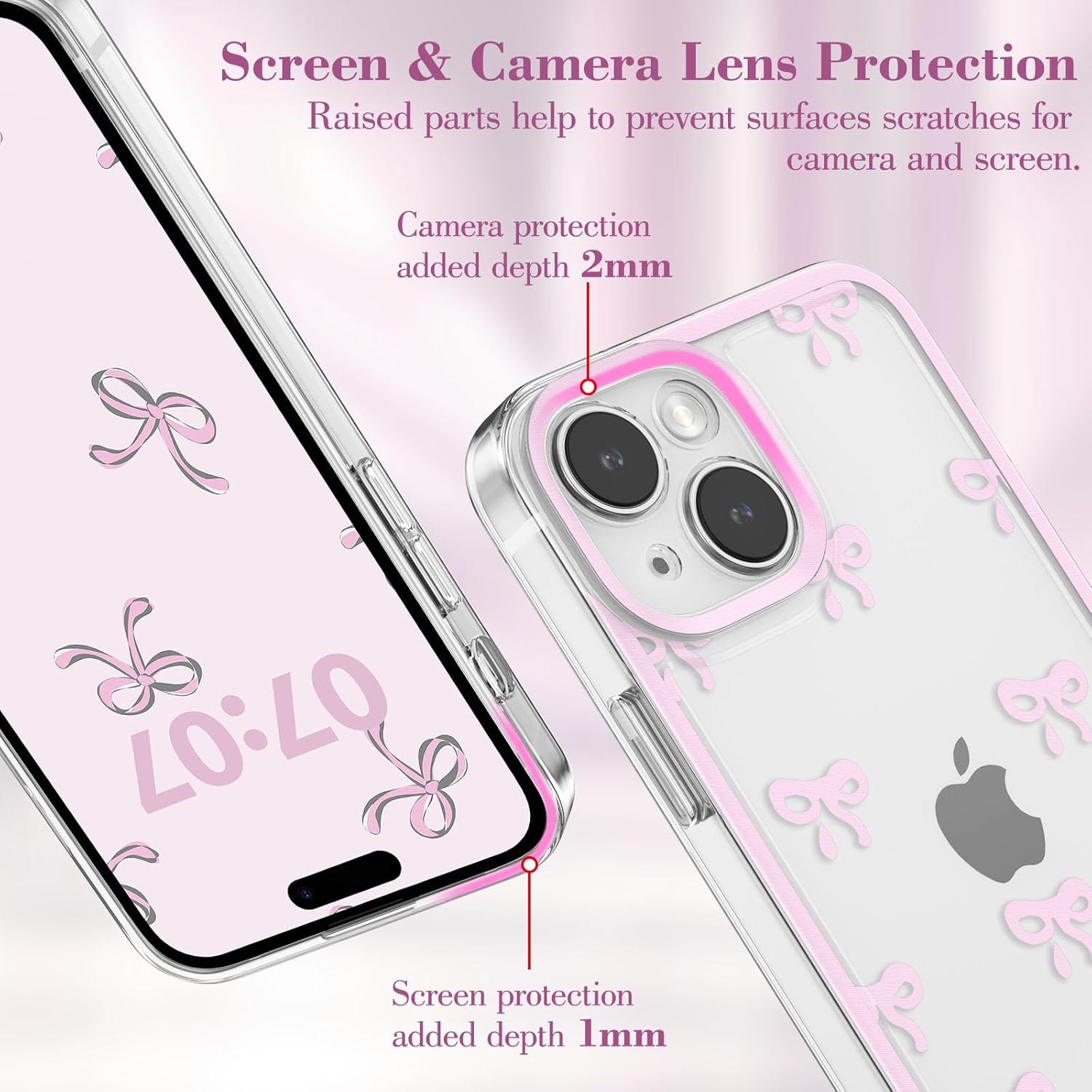 EYZUTAK Case for iPhone 13, Clear Cute Ribbon Bowknot Pattern Aesthetic Transparent Phone Case Raised Camera Protection Stylish Slim Soft Durable TPU Protective Cover for Women Girls - Pink - Image 3