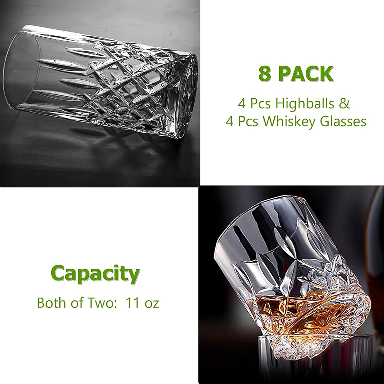 Drinking Glasses, 8 Piece Crystal Glass Cups, Mixed Glassware Set, 4 pcs Crystal Old Fashioned 11oz Highballs and 4 pcs 11oz Whiskey Glasses, Great for Cocktail, Whisky and other Beverages - Image 7