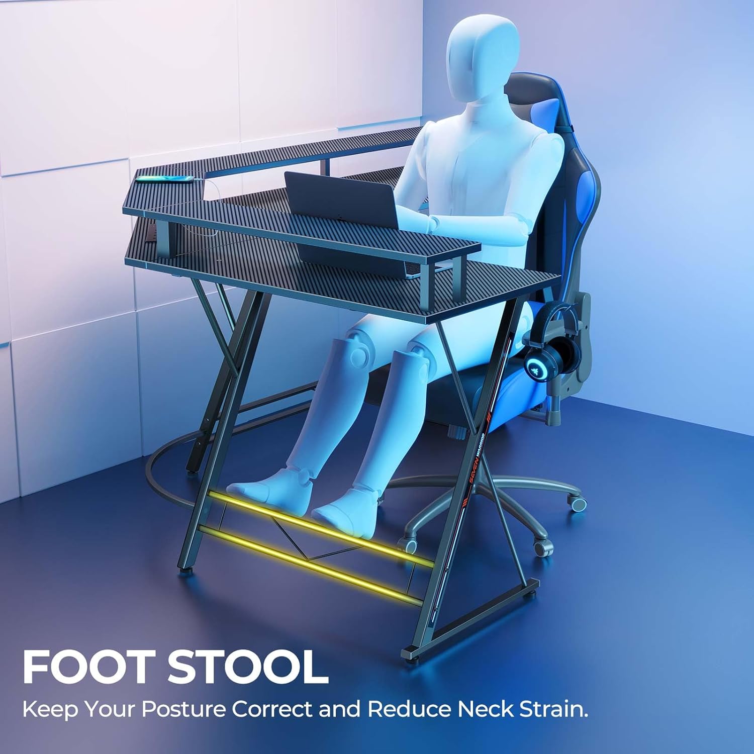 SEVEN WARRIOR L Shaped Gaming Desk with LED Lights & Power Outlets, 50.4” Computer Desk with Monitor Stand, Corner Desk with Carbon Fiber Surface, Gaming Table with Hooks, Black - Image 8