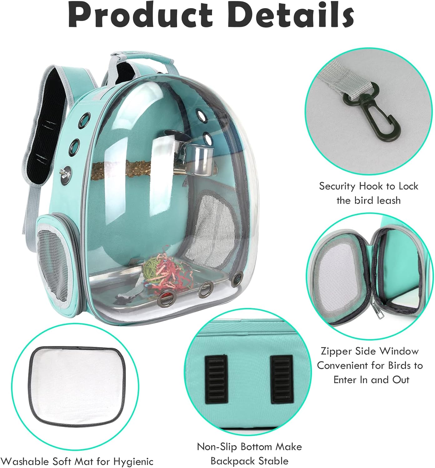 Bird Carrier Backpack Travel Cage with Perch, Breathable Clear Parrot Cockatiel Cage with Toy Stainless Steel Food Bowl Tray for Conures Parakeet Budgie Canary Lovebirds, Small Animal Pet Carrier Bag - Image 3