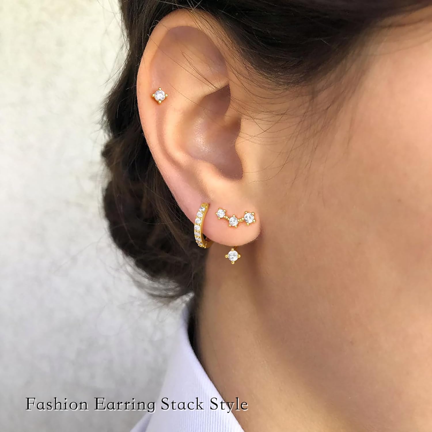 Gold Stud Earrings Set for Women, 3 Pairs Huggie Hoop Jacket Studs Earring Stack, Hypoallergenic 925 Sterling Silver Post Dainty Birthstone Trendy Fashion Jewelry Gifts for Mom - Image 7