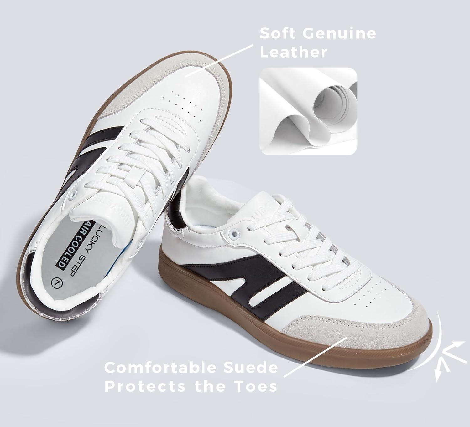 LUCKY STEP Women Classic Retro Gum Sole Fashion Sneakers Casual Tennis Skate Shoe Genuine Leather Walking Footwear Anti Slip Trainers - Image 3