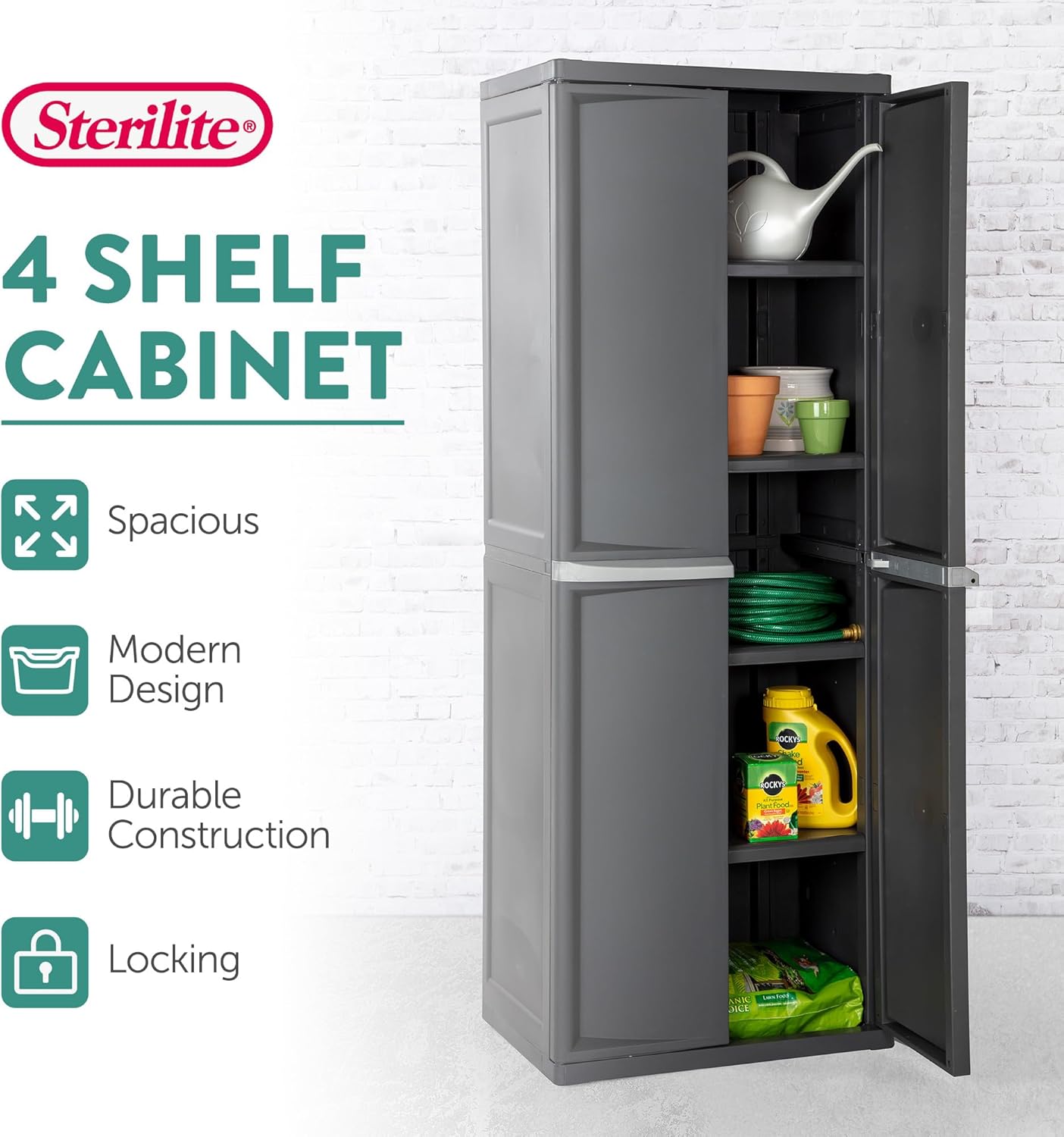 Sterilite Storage Cabinet, Rugged Plastic Garage Organizer with Double Doors, 4 Adjustable Shelves, Gray - Image 4