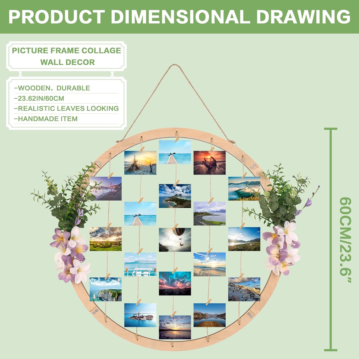 Super Holiday Large Round Wooden Picture Frames - 60CM/23.62" Artificial Flower/Eucalyptus Hanging Display Board Photo Frames Collage Wall Decor, for Spring Summer Mother's Day Grandma Christmas - Image 3