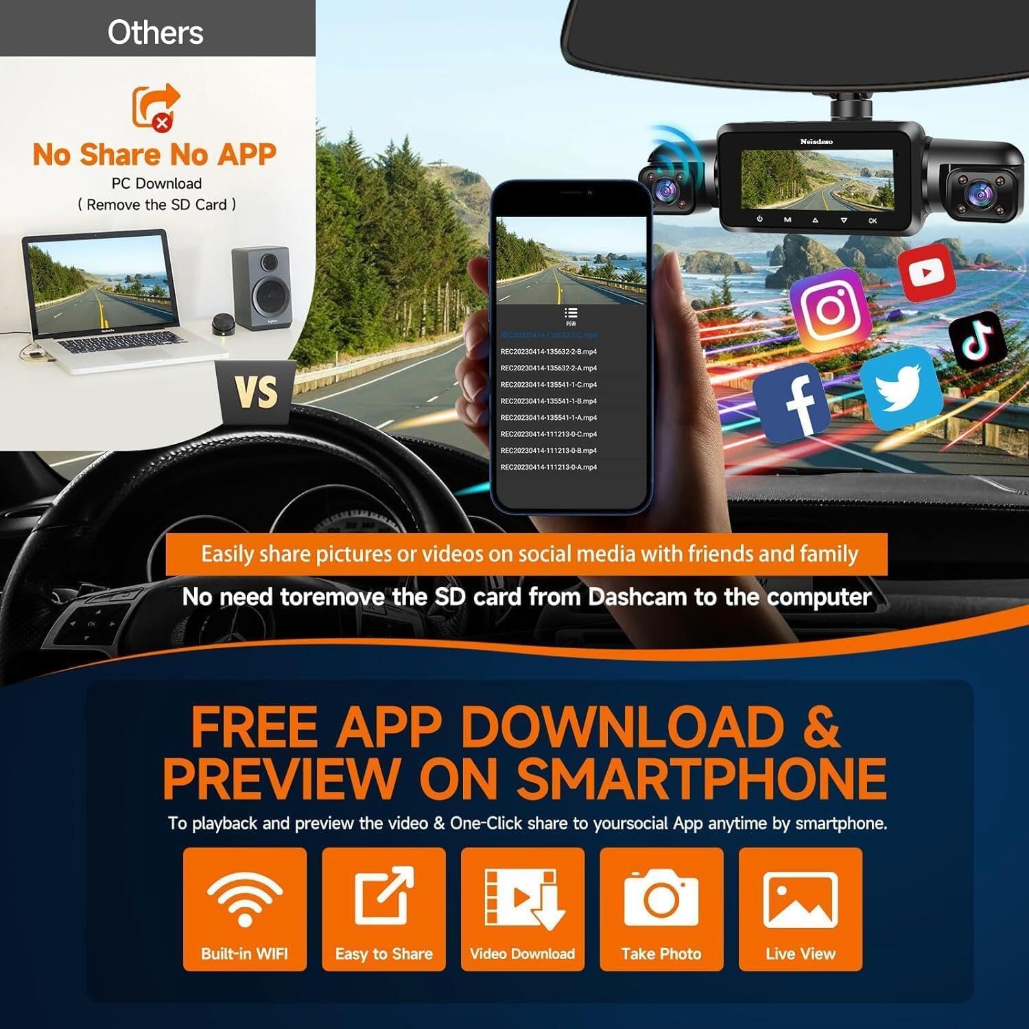 360° Dash Cam Front and Rear Inside, 4 Channel FHD 4 * 1080P, Wi-Fi GPS Voice Control Car Camera, Front 2K+1080P*2 Dash Camera for Cars, with 64GB SD Card, Night Vision, 24H Parking Mode(N300) - Image 7