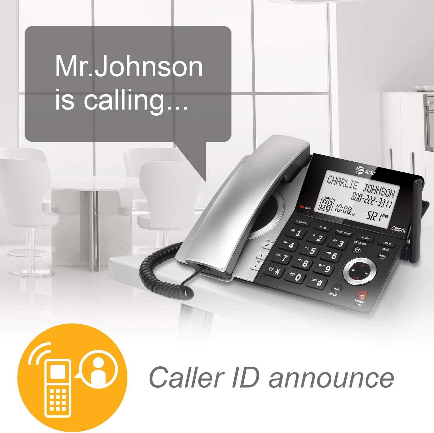 AT&T CL84107 DECT 6.0 Expandable Corded/Cordless Phone with Smart Call Blocker, Black/Silver with 1 Handset - Image 8