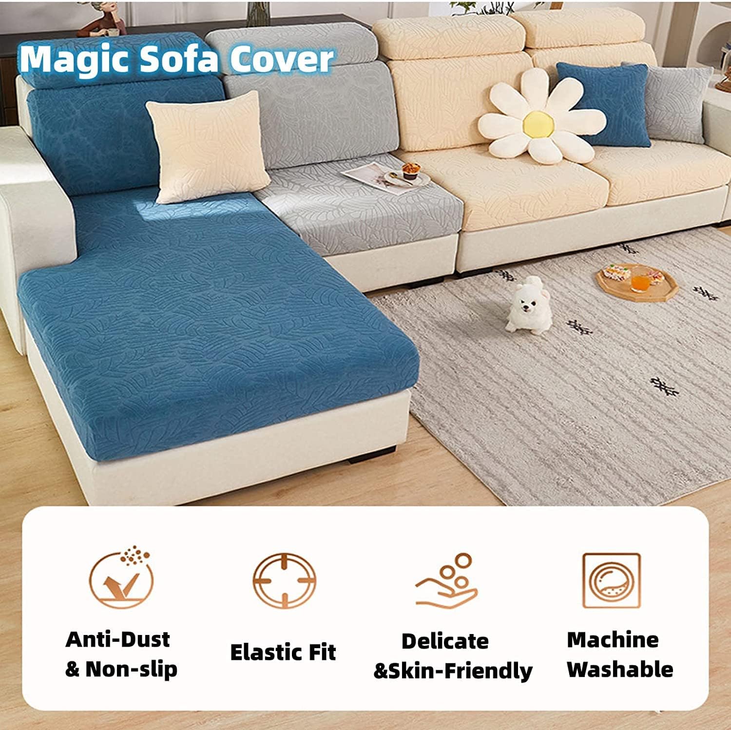 Magic Sofa Covers Magic Sofa Couch Covers 2024 New Wear-Resistant Universal Sofa Cover Stretch for Sectional Slipcovers (Texture-Gray Blue,Chaise Cover) - Image 5
