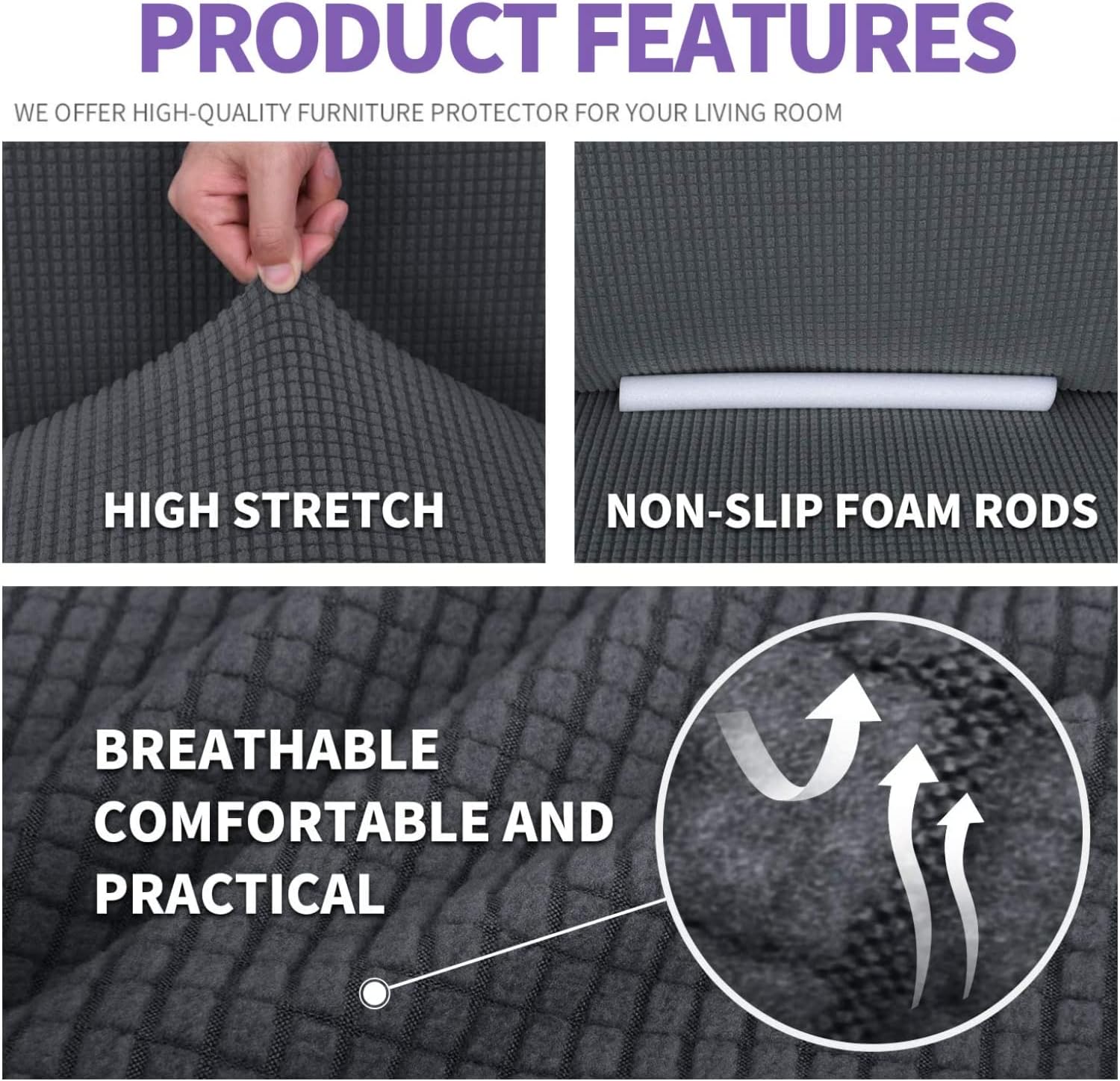 ZNSAYOTX Super Stretch Couch Cover (72"-92") Universal Sofa Covers with Elastic Bottom, Dog Cat Pets Friendly Washable Furniture Protector Fitted Sofa Slipcovers Stay in Place (Dark Grey, Sofa) - Image 3