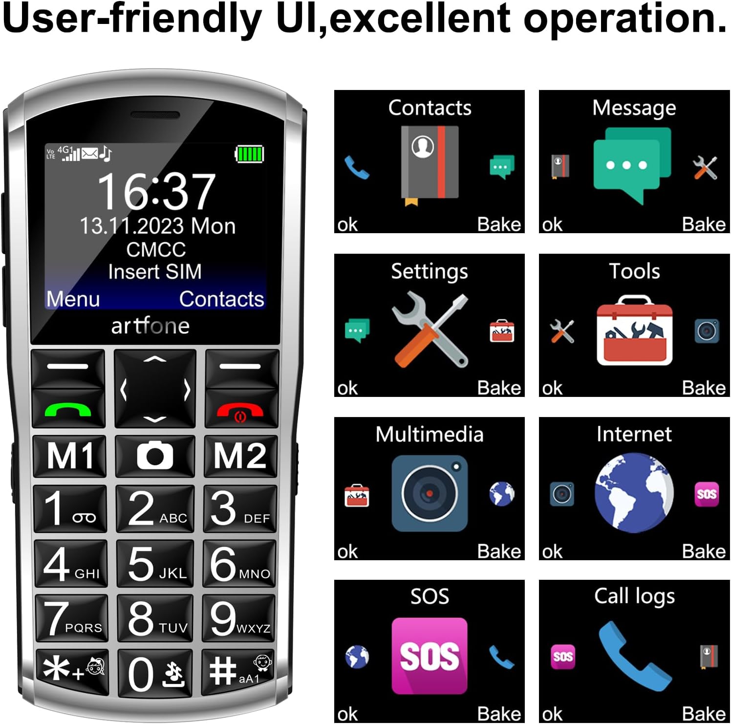 A400 4G Cell Phone for Seniors丨Dumb Phone Unlocked with SOS Button丨2MP Camera丨2.4" LCD丨Super-Loud Speaker丨Speed Dial丨Basic Phone with 1800mAh Battery丨Charging Dock丨USB-C,Dual-Nano SIM - Silver - Image 8