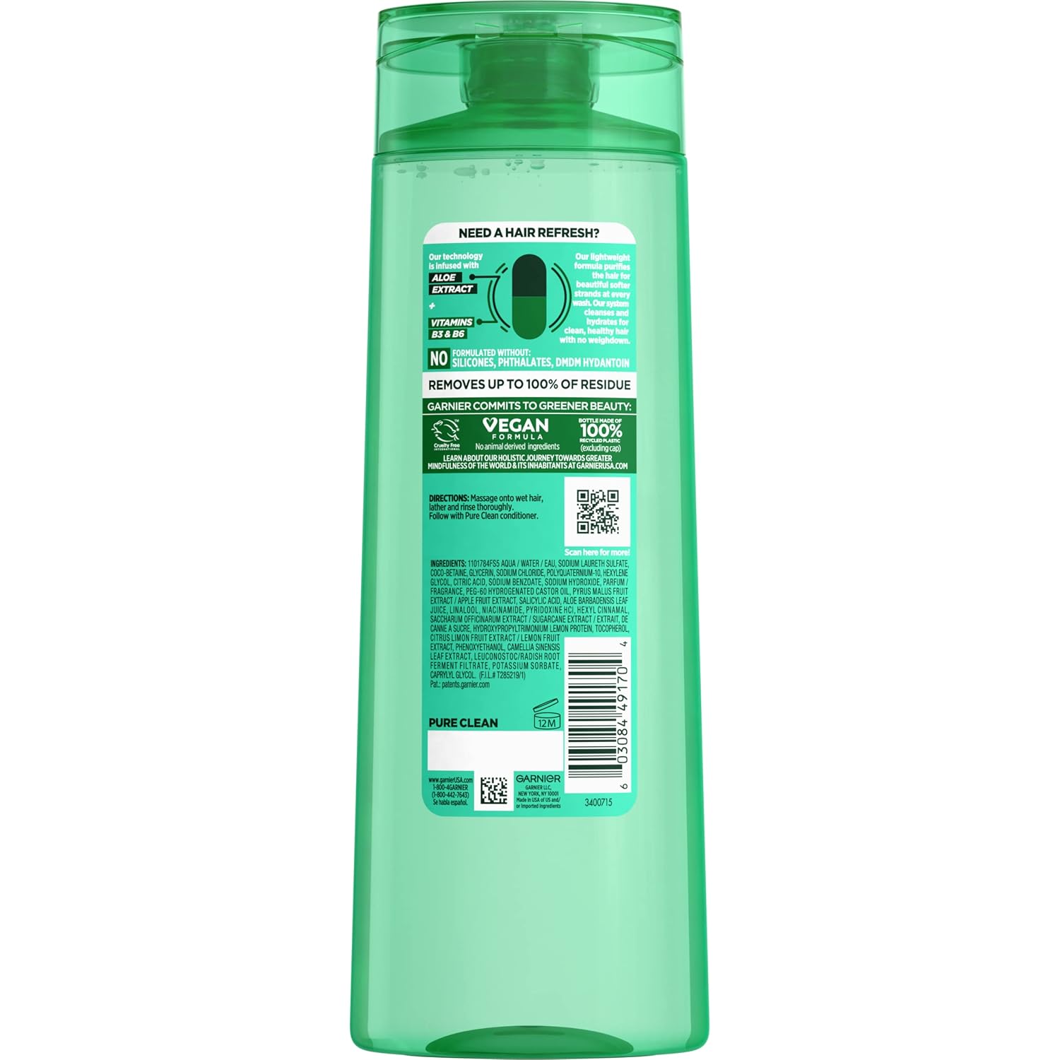 Garnier Fructis Pure Clean Purifying Shampoo, Silicone-Free, 12.5 Fl Oz, 1 Count (Packaging May Vary) - Image 3