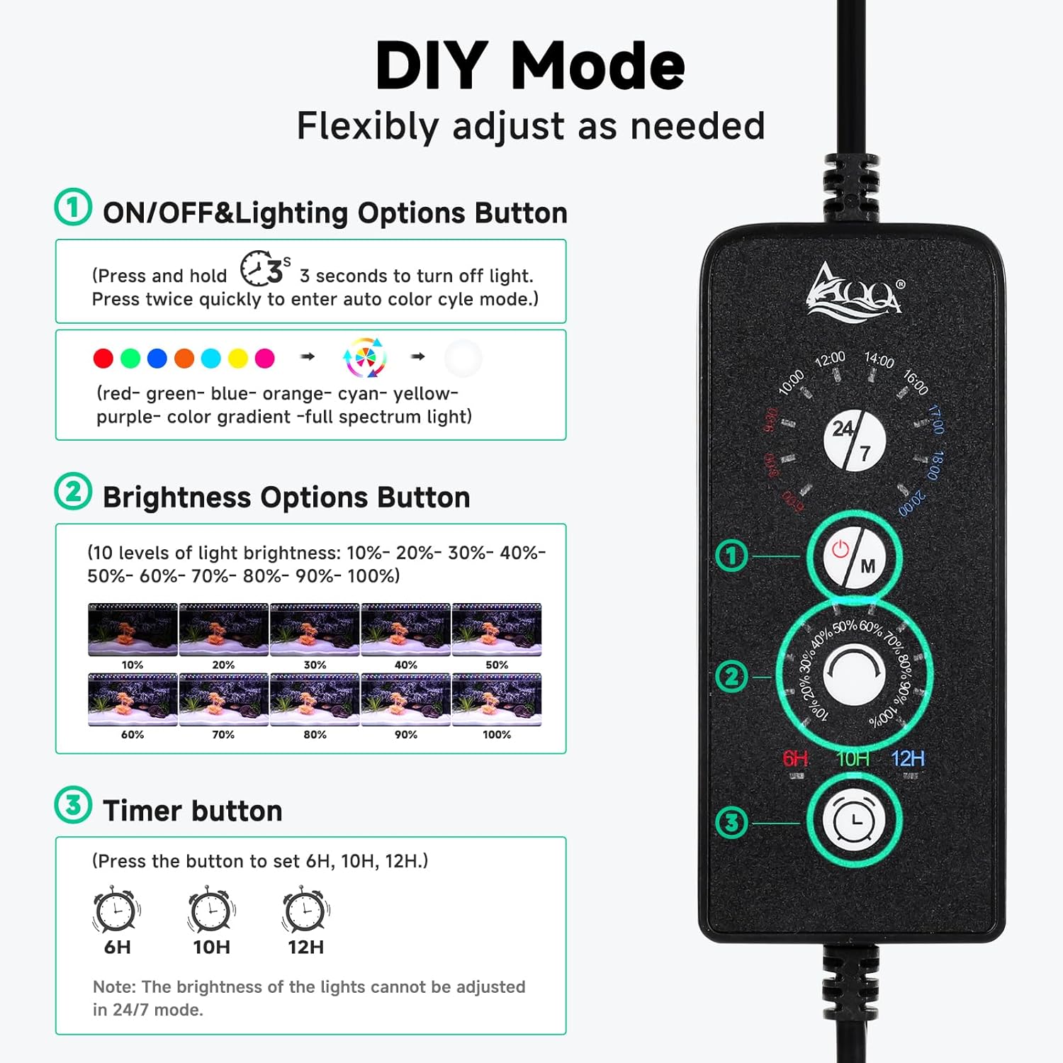 AQQA LED Aquarium Light, 24/7 Mode IP68 Waterproof Extendable Bracket Fish Tank Light, DIY Mode Full Spectrum Aquarium Plant Light, Adjustable Timer/Brightness Memory Function for 18-24 Inch Fish Tank - Image 3