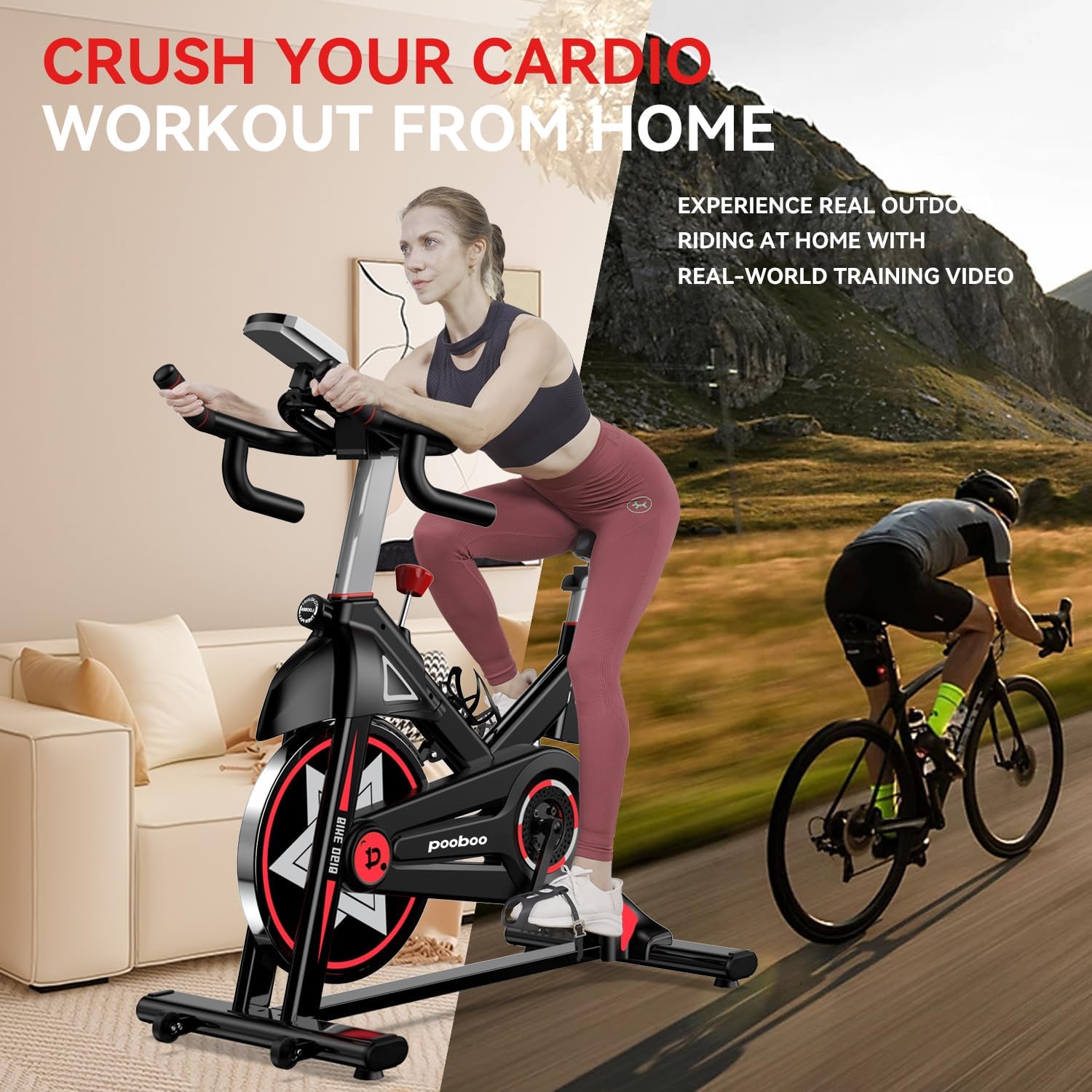 POOBOO Exercise Bike, Stationary Bike for Home Gym, Indoor Cycling Bike w/Comfortable Seat Cushion & Tablet Mount, Silent Belt Drive Indoor Bike for Cardio Workout - Image 8