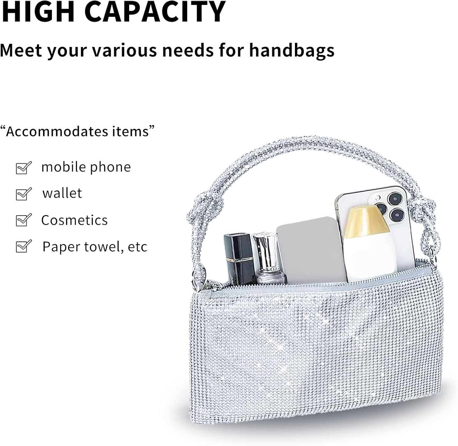 Silver Purse Rhinestone Purse Silver Clutch Sparkly Purse Silver Bag 10.2"×0.4"×6.69"(Silver) - Image 6