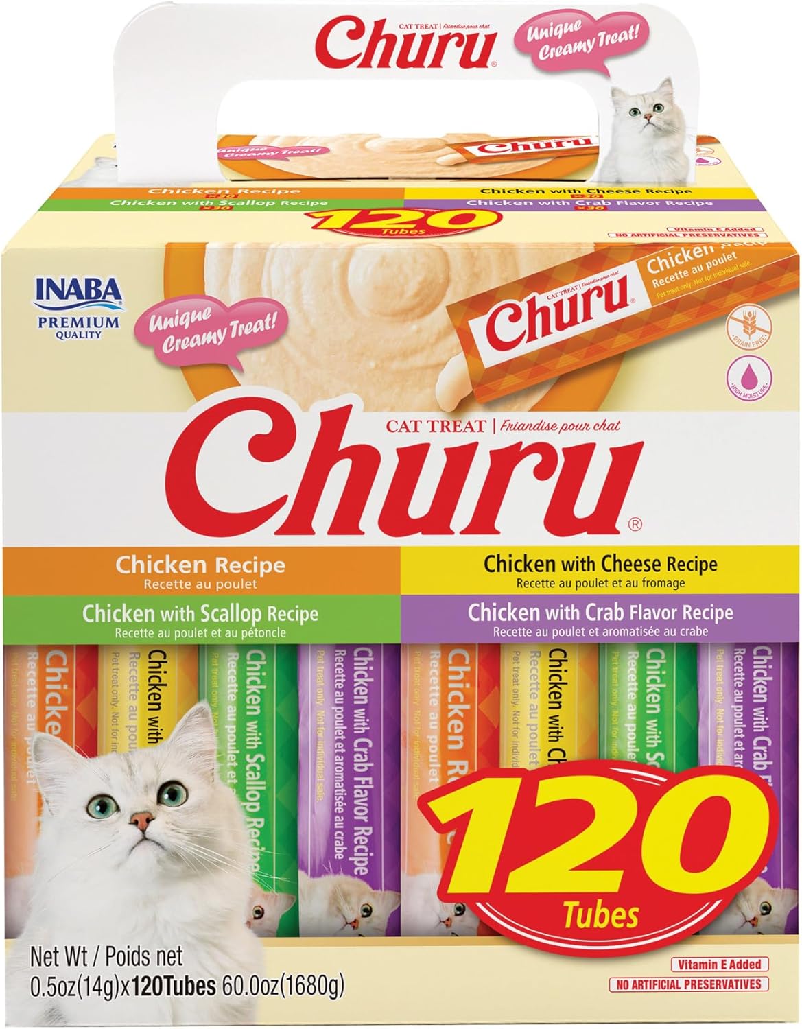 INABA Churu Cat Treats, Lickable, Squeezable Creamy Purée with Vitamin E, 0.5 Ounces per Tube, 120 Tubes Total, Chicken Variety - Image 2
