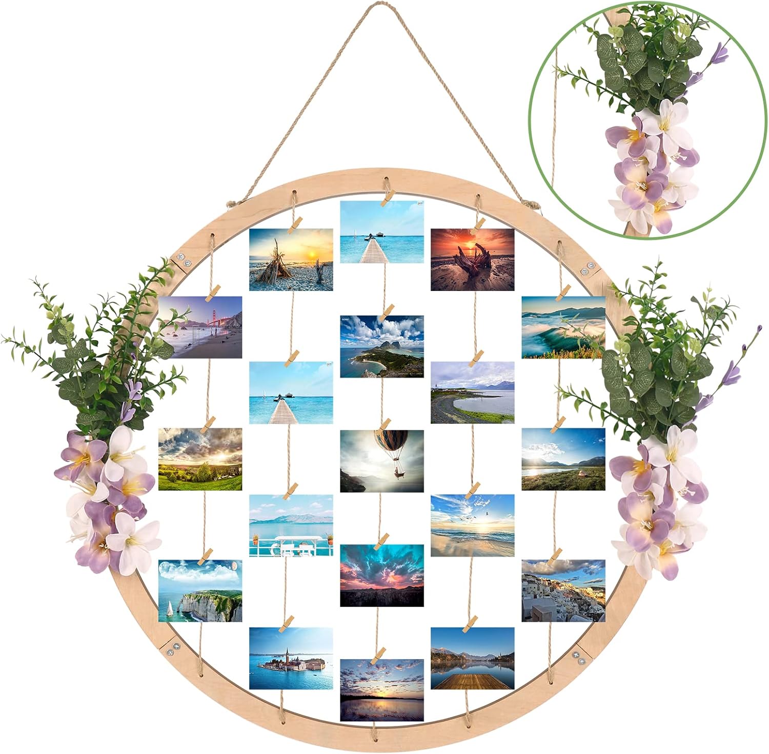 Super Holiday Large Round Wooden Picture Frames - 60CM/23.62" Artificial Flower/Eucalyptus Hanging Display Board Photo Frames Collage Wall Decor, for Spring Summer Mother's Day Grandma Christmas - Image 2