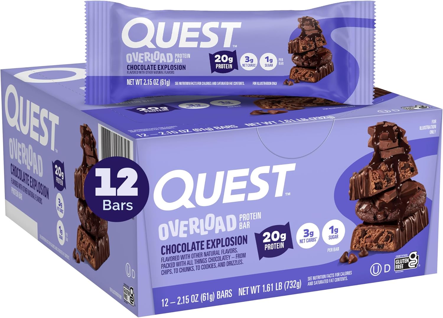 Quest Nutrition Overload Protein Bars, Chocolate Explosion, 20g Protein, 1g Sugar, 3g Net Carbs, Gluten Free, 12 Count - Image 2