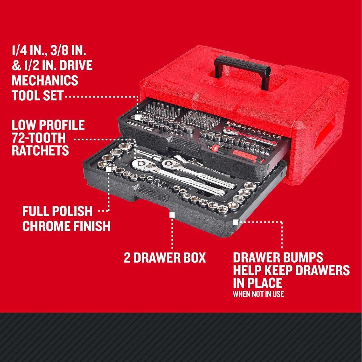 CRAFTSMAN Mechanics Tool Set, 256-Piece Hand Tool and Socket Set with 2-Drawer Tool Box (CMMT45256) - Image 4