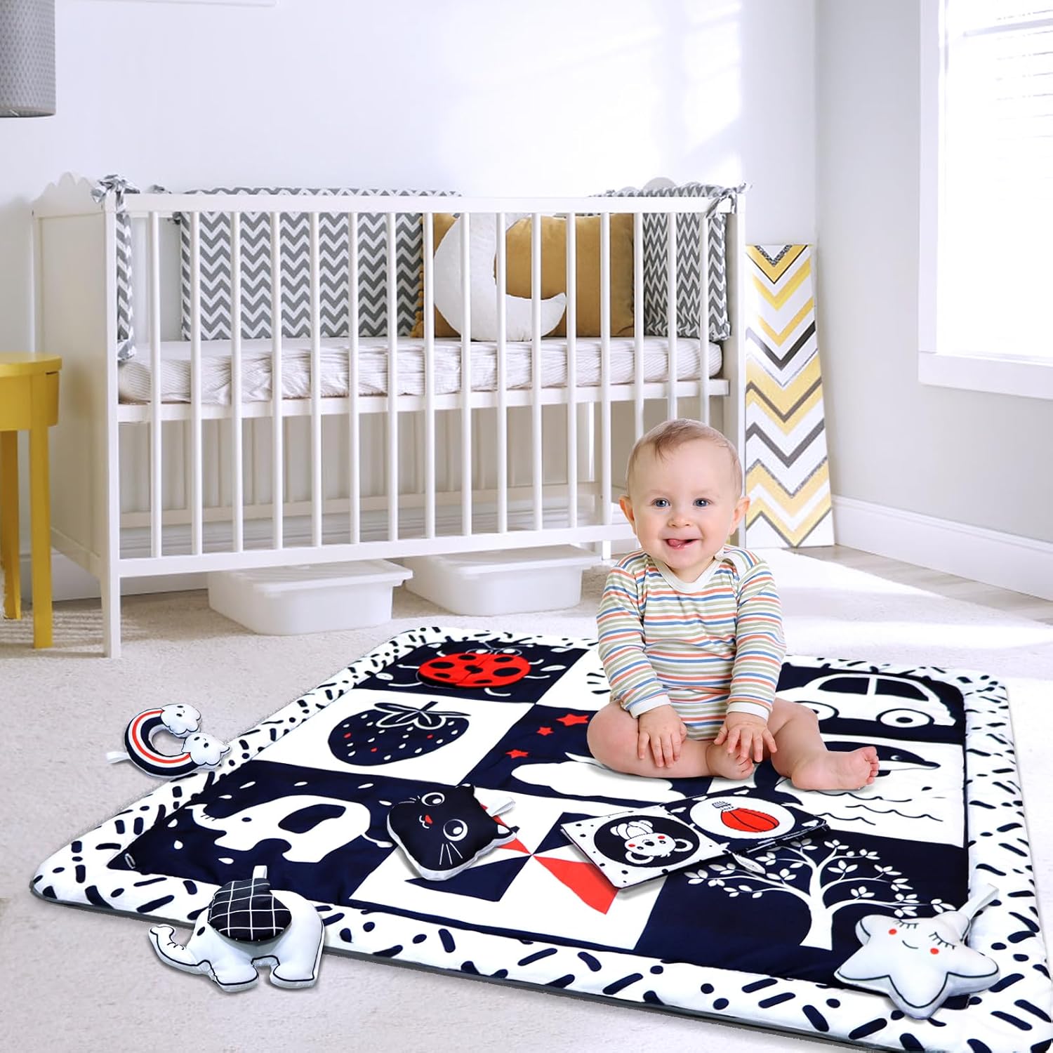 Black and White Baby Gym Play Mat with 6 Toys Tummy Time Activity Mat for Babies 0-6 6-12 Months High Contrast Baby Gyms & Playmats Sensory Toys Newborn Brain Development Infant Play Mat Baby Gifts - Image 8