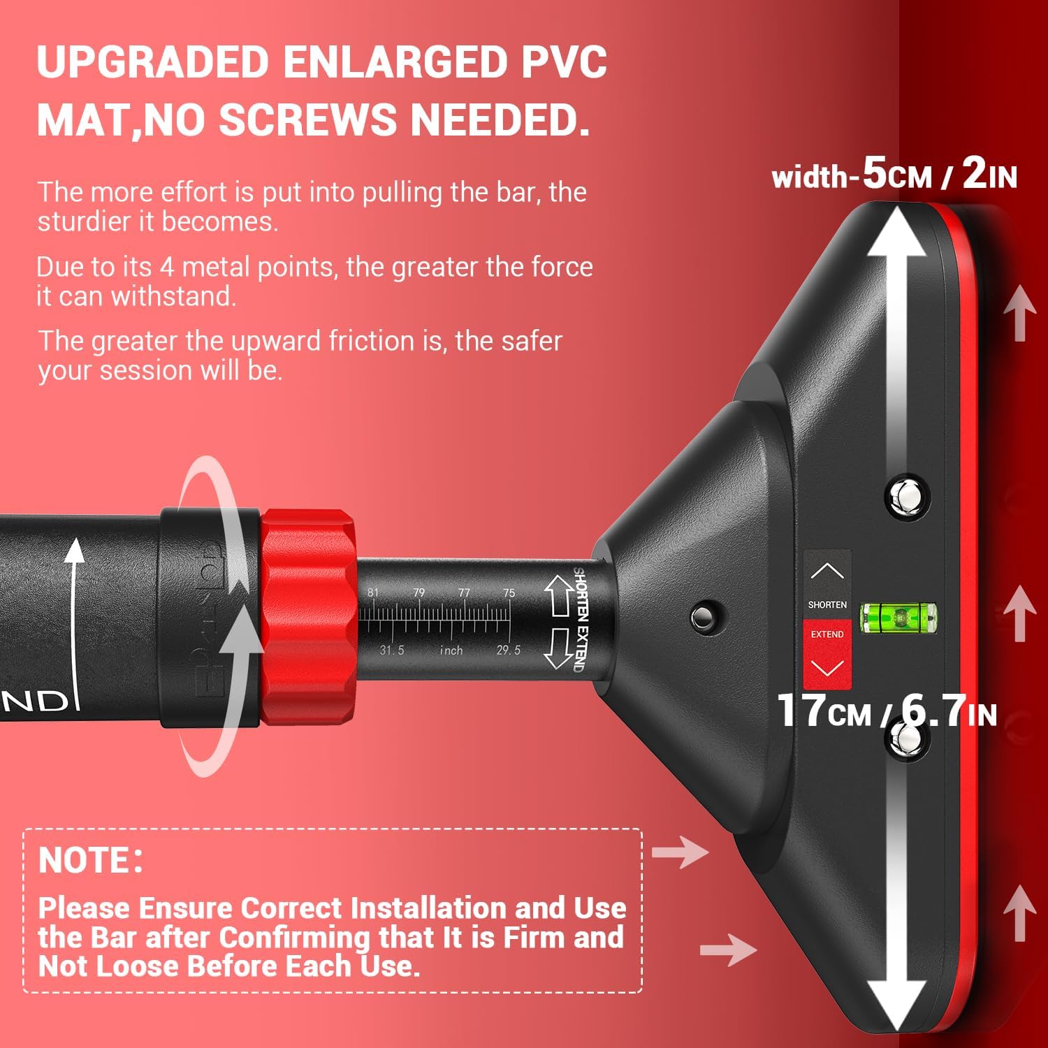 Pull Up Bar for Doorway: Sportneer Strength Training Pull-up Bars without Screw - Adjustable Width Locking Mechanism Chin Up Bar, Thickened Steel Max Limit 440 lbs Upper Body Fitness Pullup Bars for Home (Black-Red) - Image 5