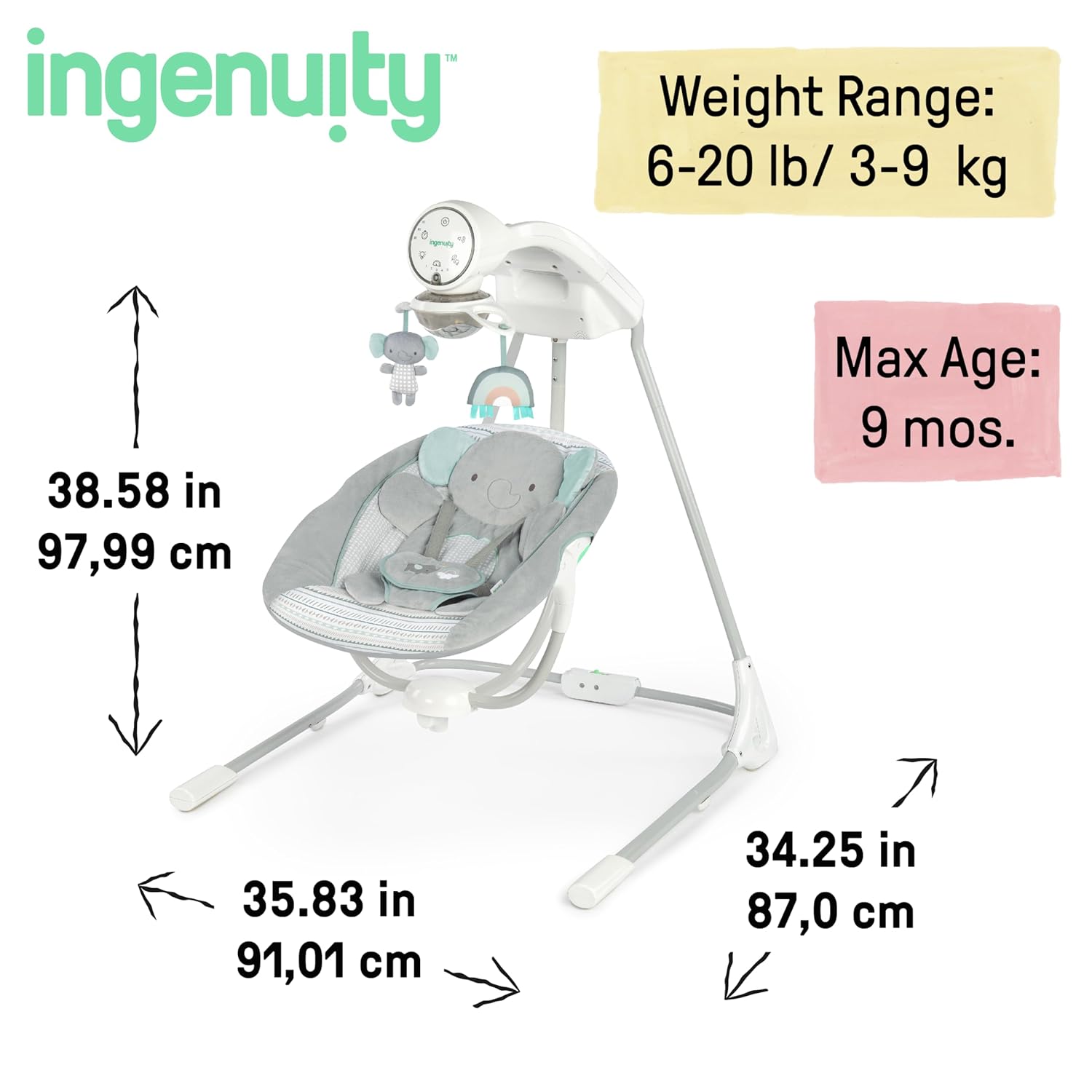 Ingenuity InLighten 5-Speed Baby Swing - Swivel Infant Seat, 5 Point Safety Harness, Nature Sounds, Lights - Van Elephant - Image 7
