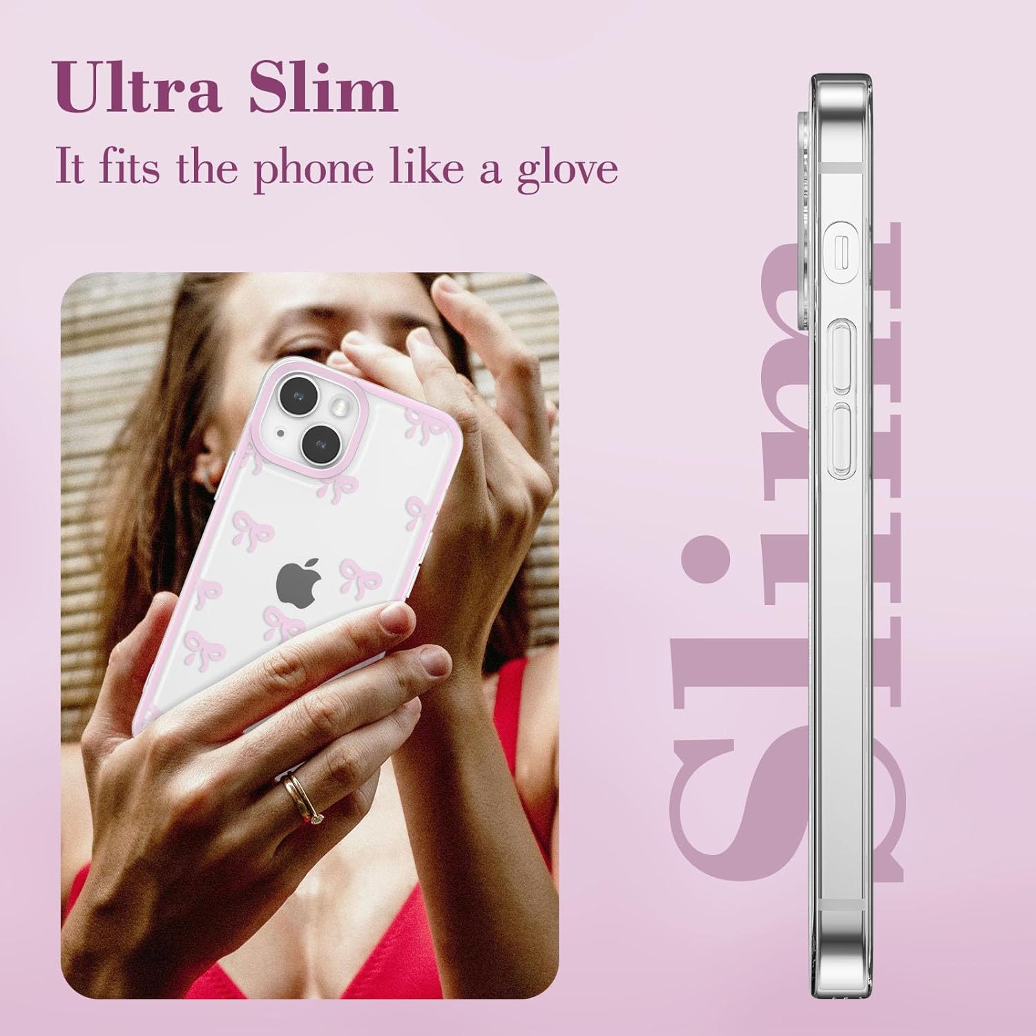 EYZUTAK Case for iPhone 13, Clear Cute Ribbon Bowknot Pattern Aesthetic Transparent Phone Case Raised Camera Protection Stylish Slim Soft Durable TPU Protective Cover for Women Girls - Pink - Image 5