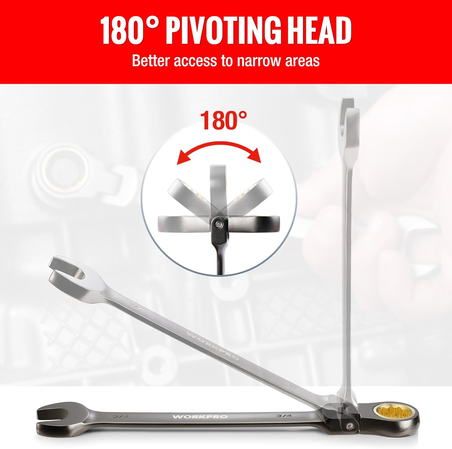 WORKPRO 8-piece Flex-Head Ratcheting Combination Wrench Set, SAE 5/16-3/4 in, 72-Teeth, CR-V Constructed, Nickel Plating with Organizer Bag - Image 7